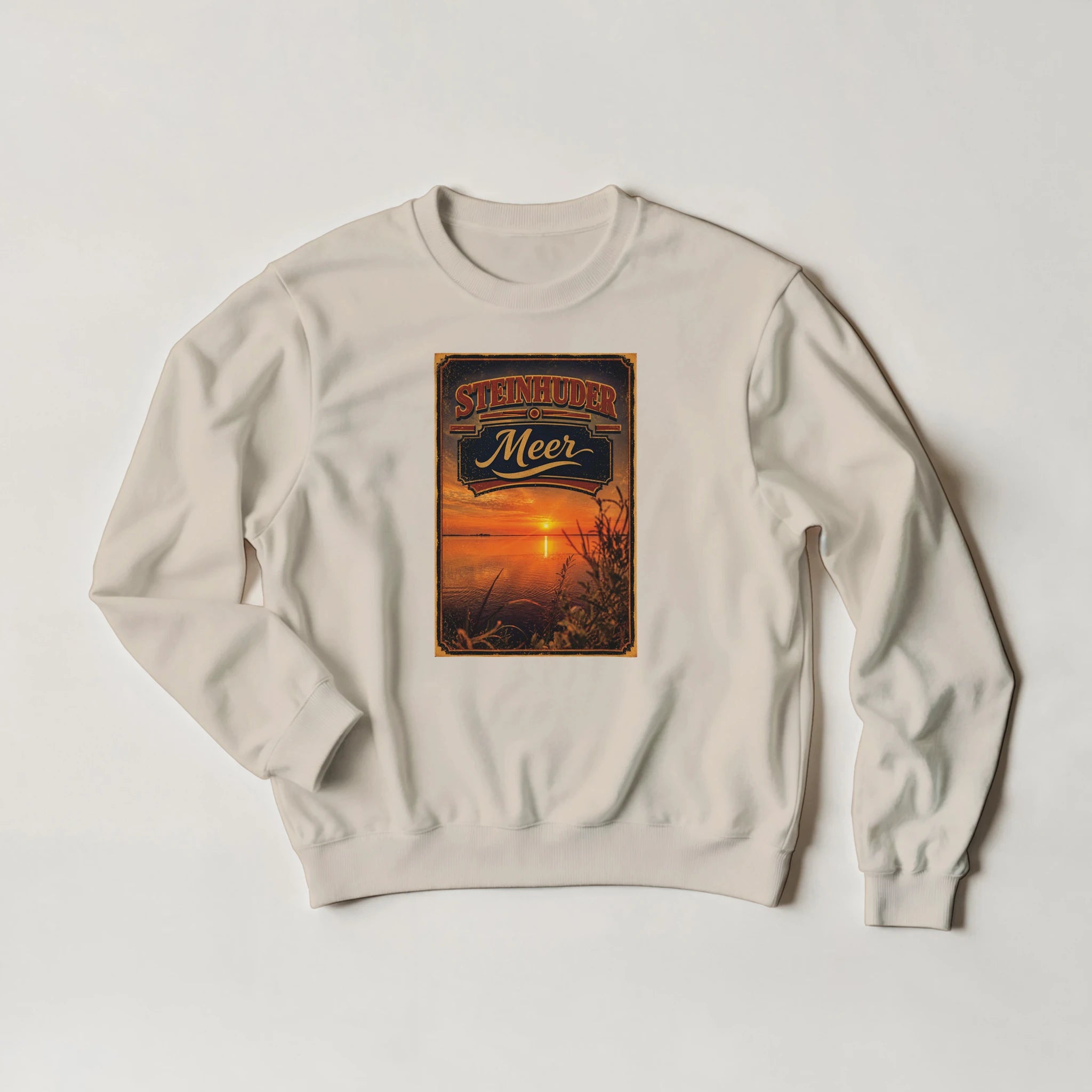 Pullover in Aschgrau mit Motiv „Sunset am Steinhuder Meer“