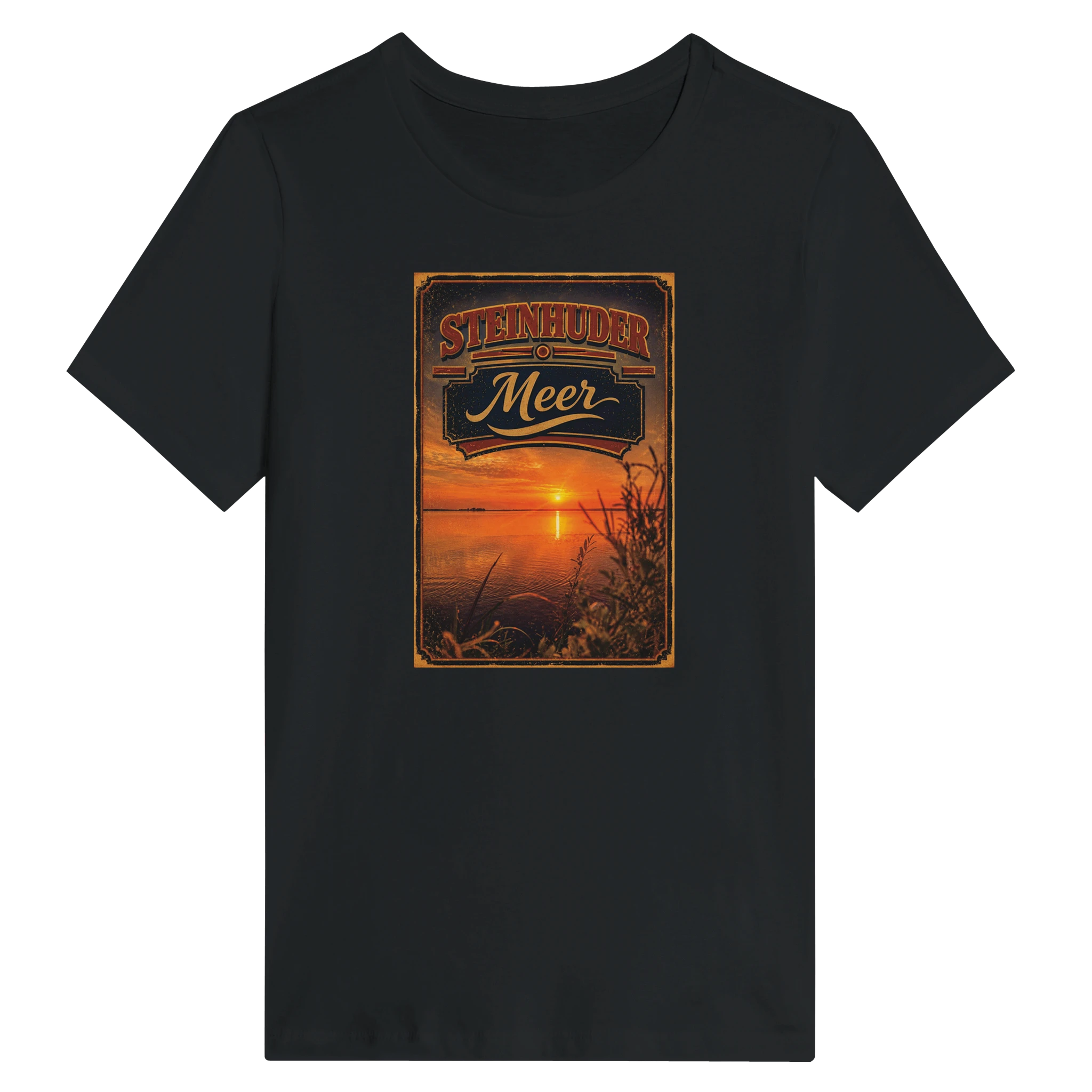 Damen-T-Shirt in Zitronengelb mit Motiv „Sunset am Steinhuder Meer“