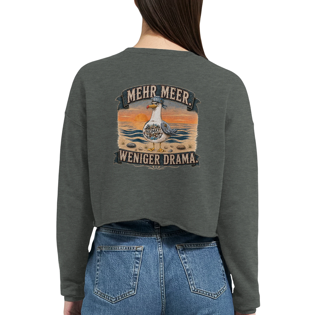Damen-Pullover in Staubblau mit Motiv „Mehr Meer. Weniger Drama.“