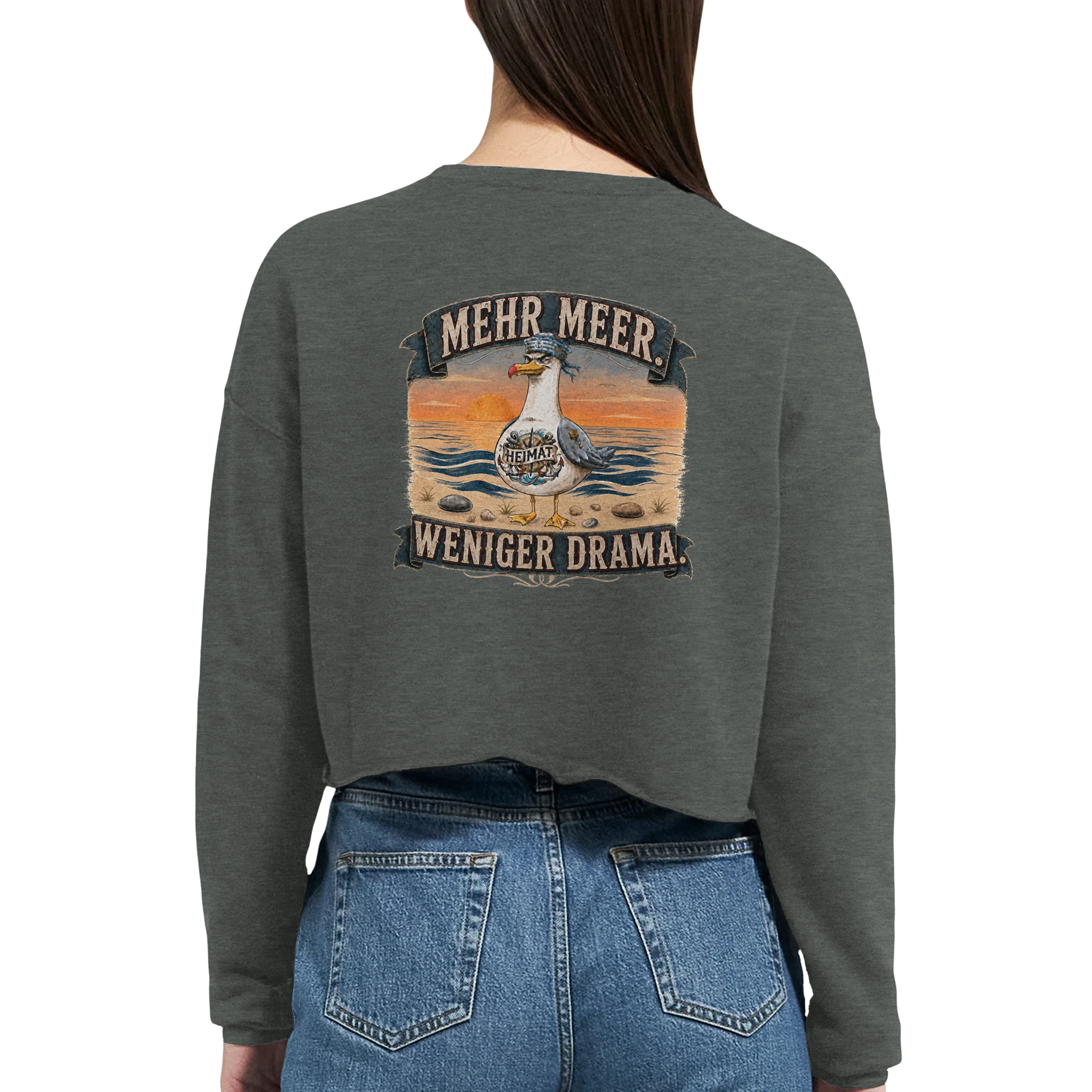 Damen-Pullover in Staubblau mit Motiv „Mehr Meer. Weniger Drama.“