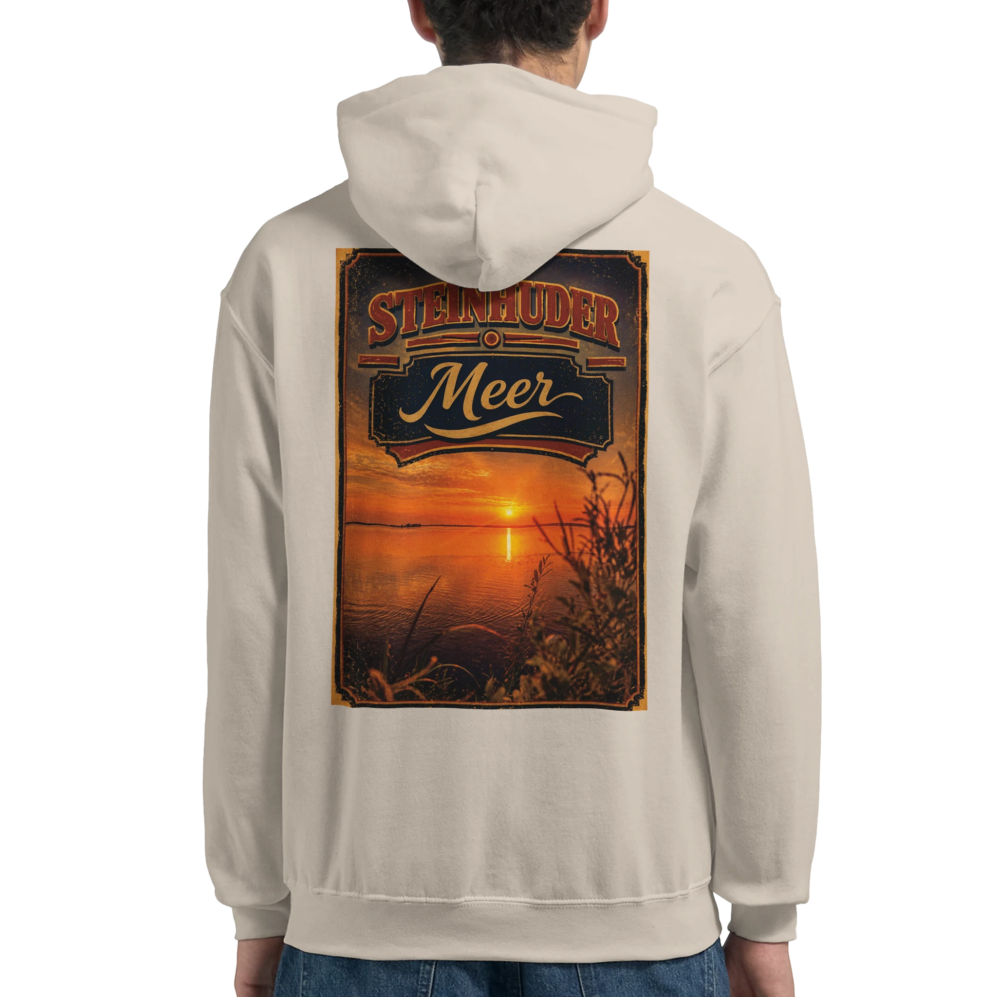 Hoodie in Aschgrau mit Motiv „Sunset am Steinhuder Meer“