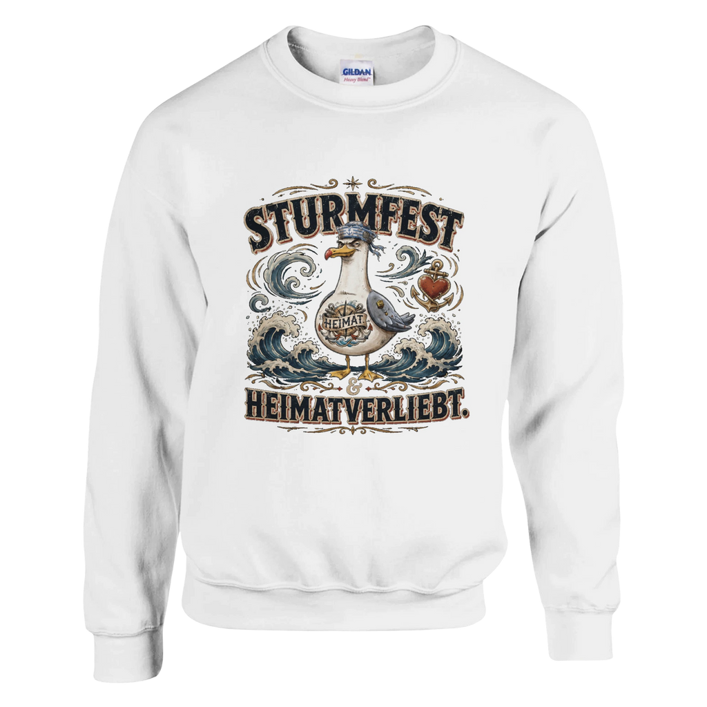 Pullover in Weiß mit Motiv „Sturmfest & Heimatverliebt Möwe“