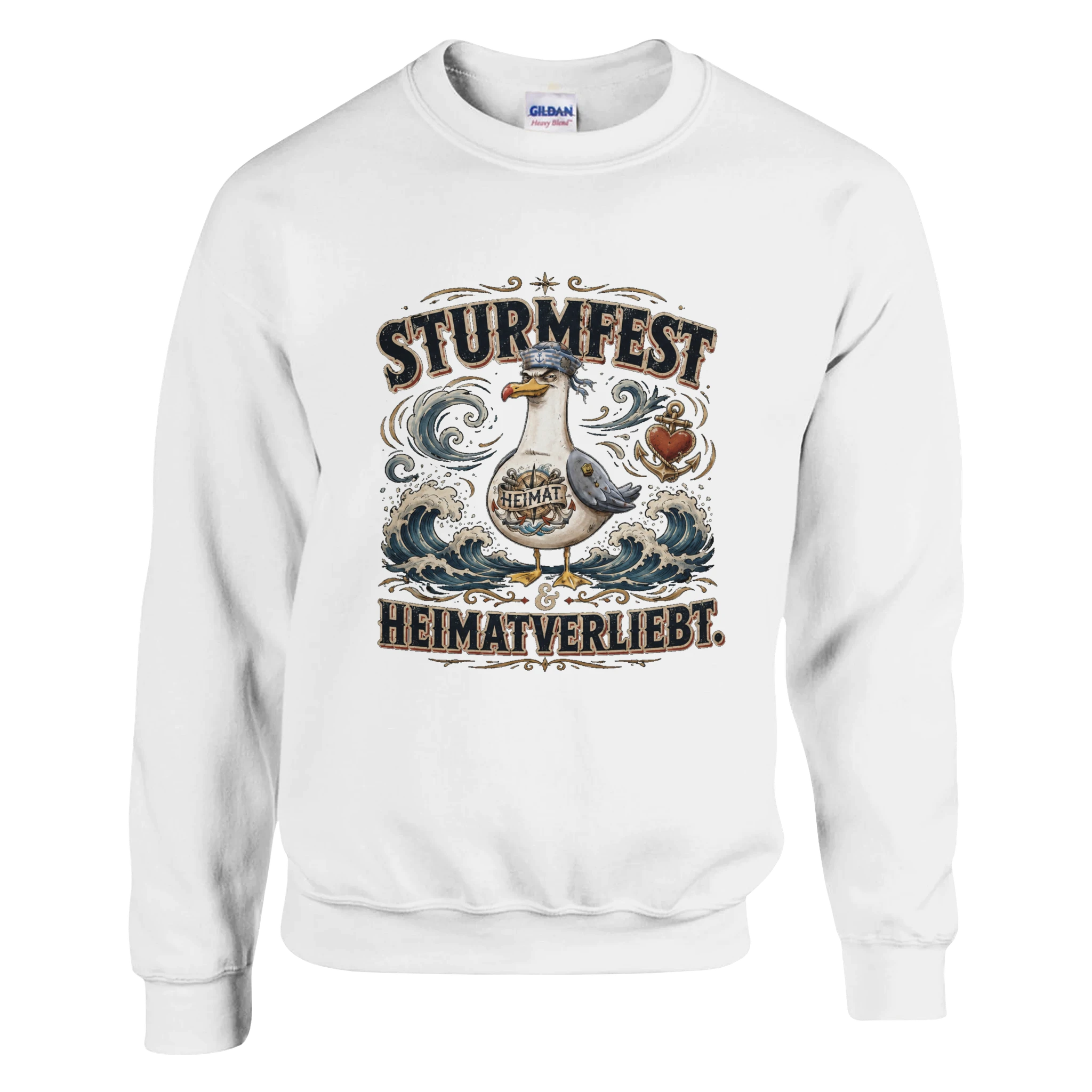 Pullover in Weiß mit Motiv „Sturmfest & Heimatverliebt Möwe“