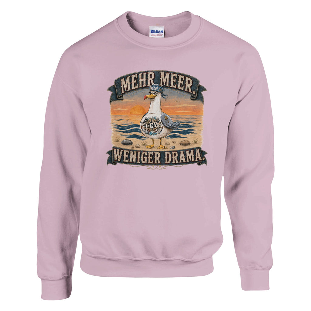Pullover in Hellrosa mit Motiv „Mehr Meer. Weniger Drama.“