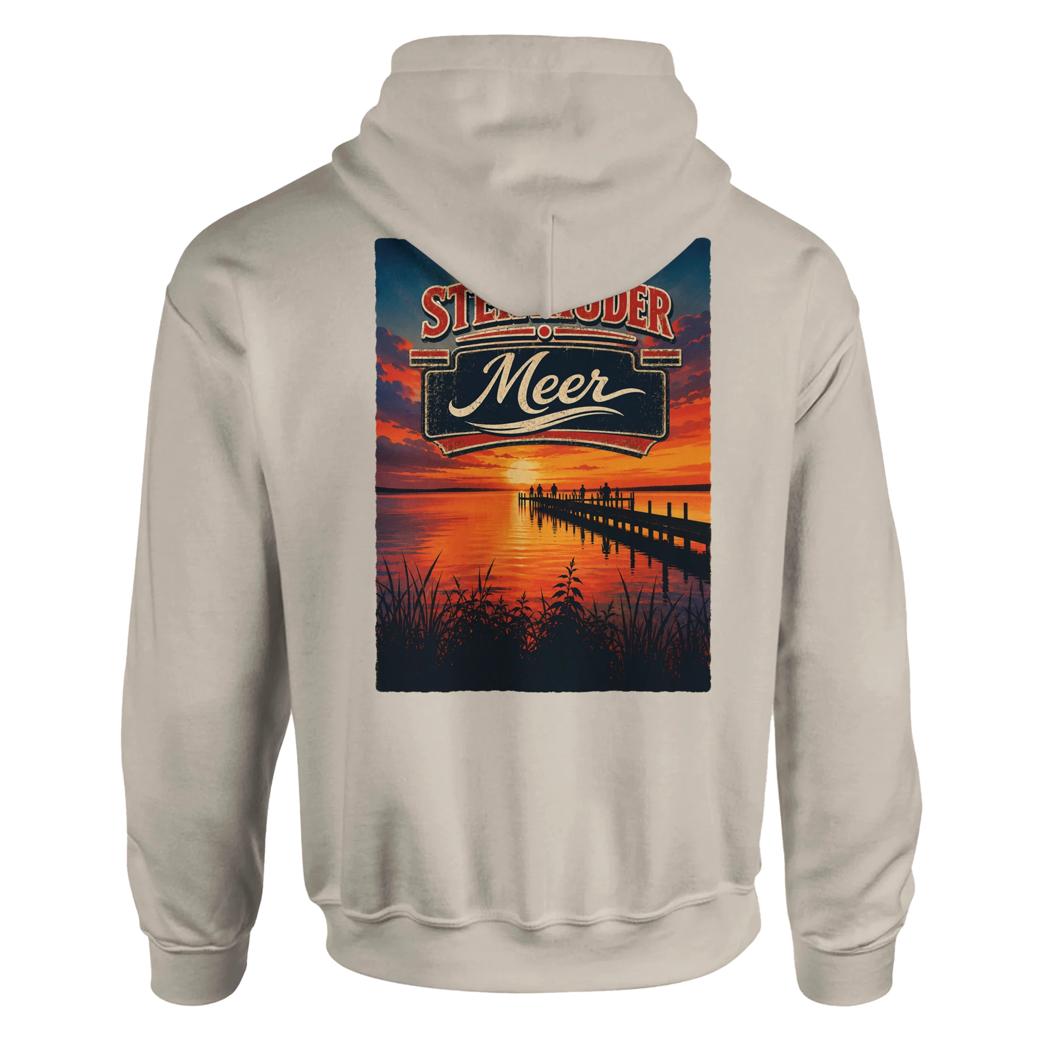 Hoodie in Sand mit Motiv „Sunset Ratskeller Steg - Steinhuder Meer“