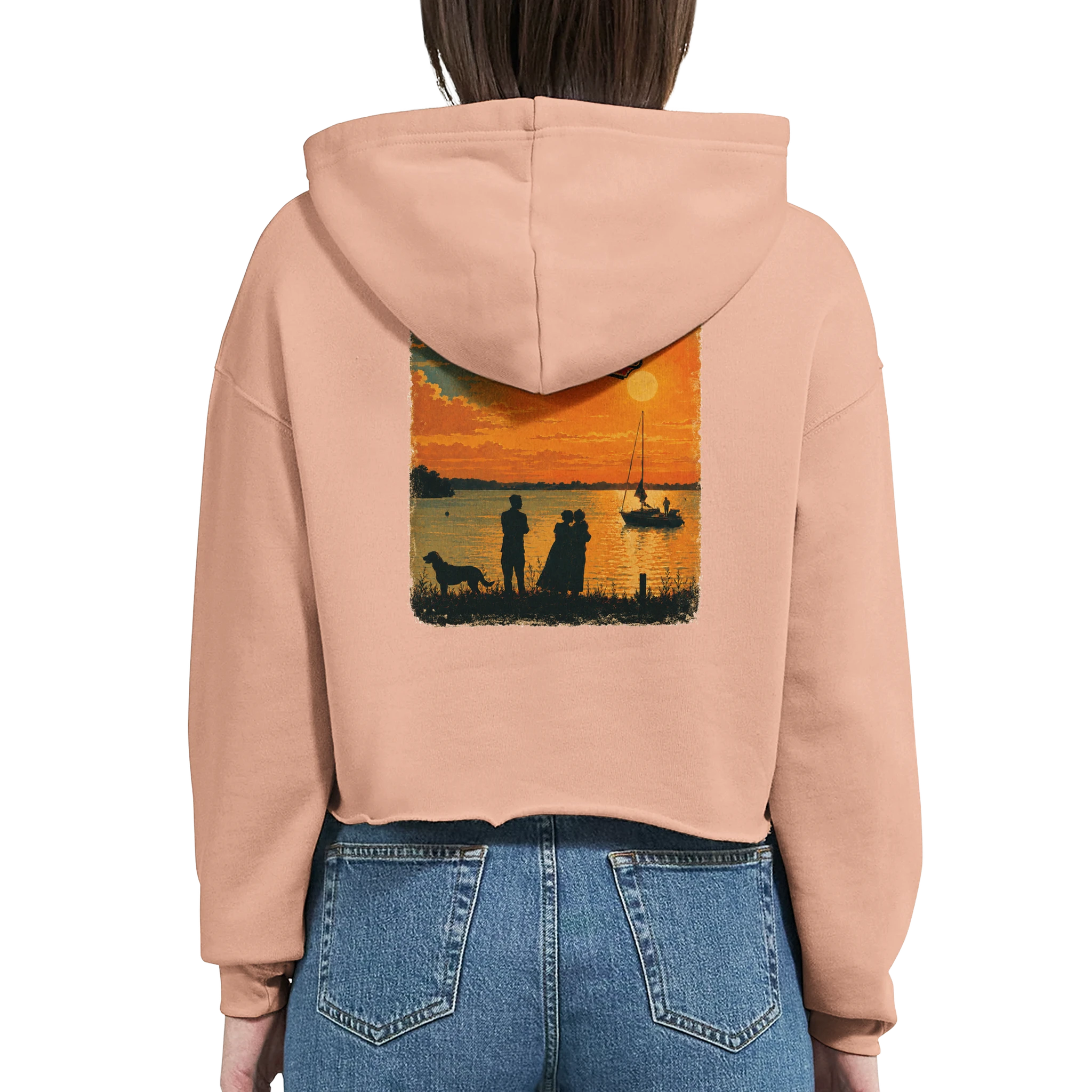 Damen-Hoodie in Weiß mit Motiv „Familie beim Sunset“