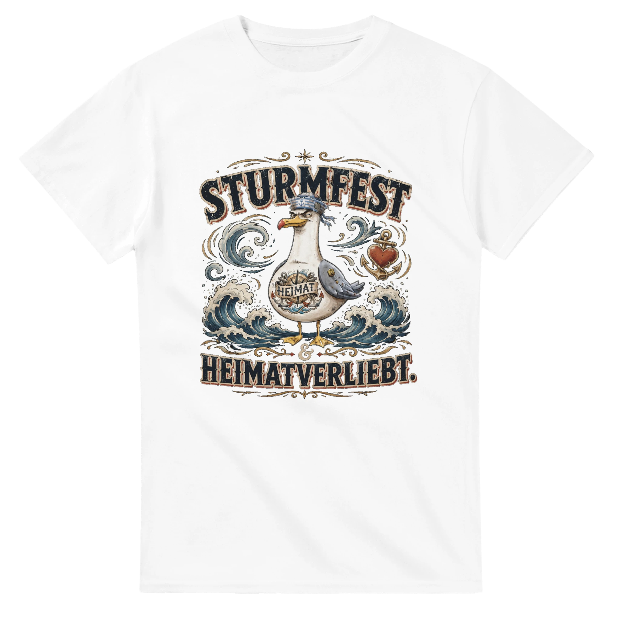 T-Shirt in Weiß mit Motiv „Sturmfest & Heimatverliebt Möwe“