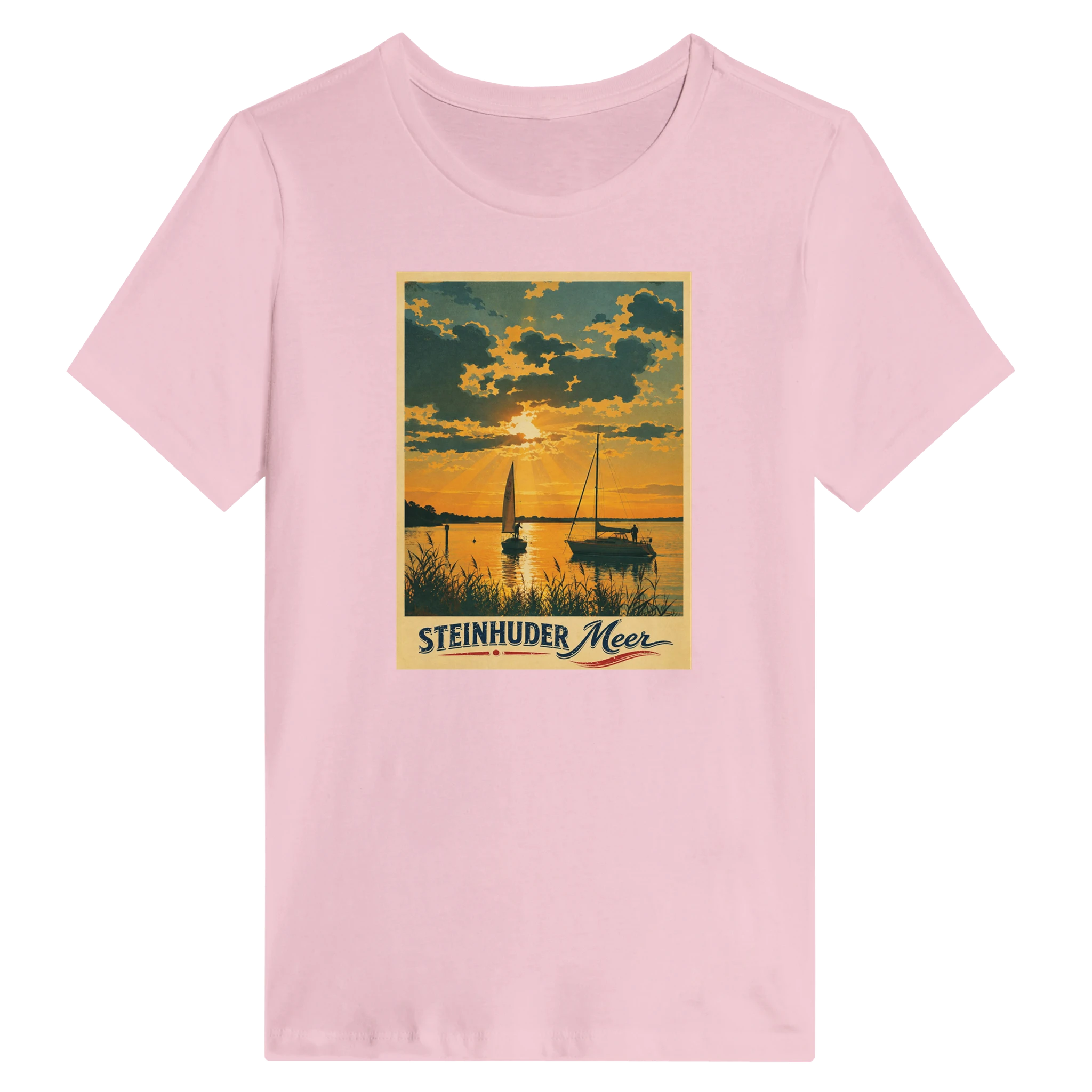 Damen-T-Shirt in Zitronengelb mit Motiv „Segler am Steinhuder Meer beim Sunset“