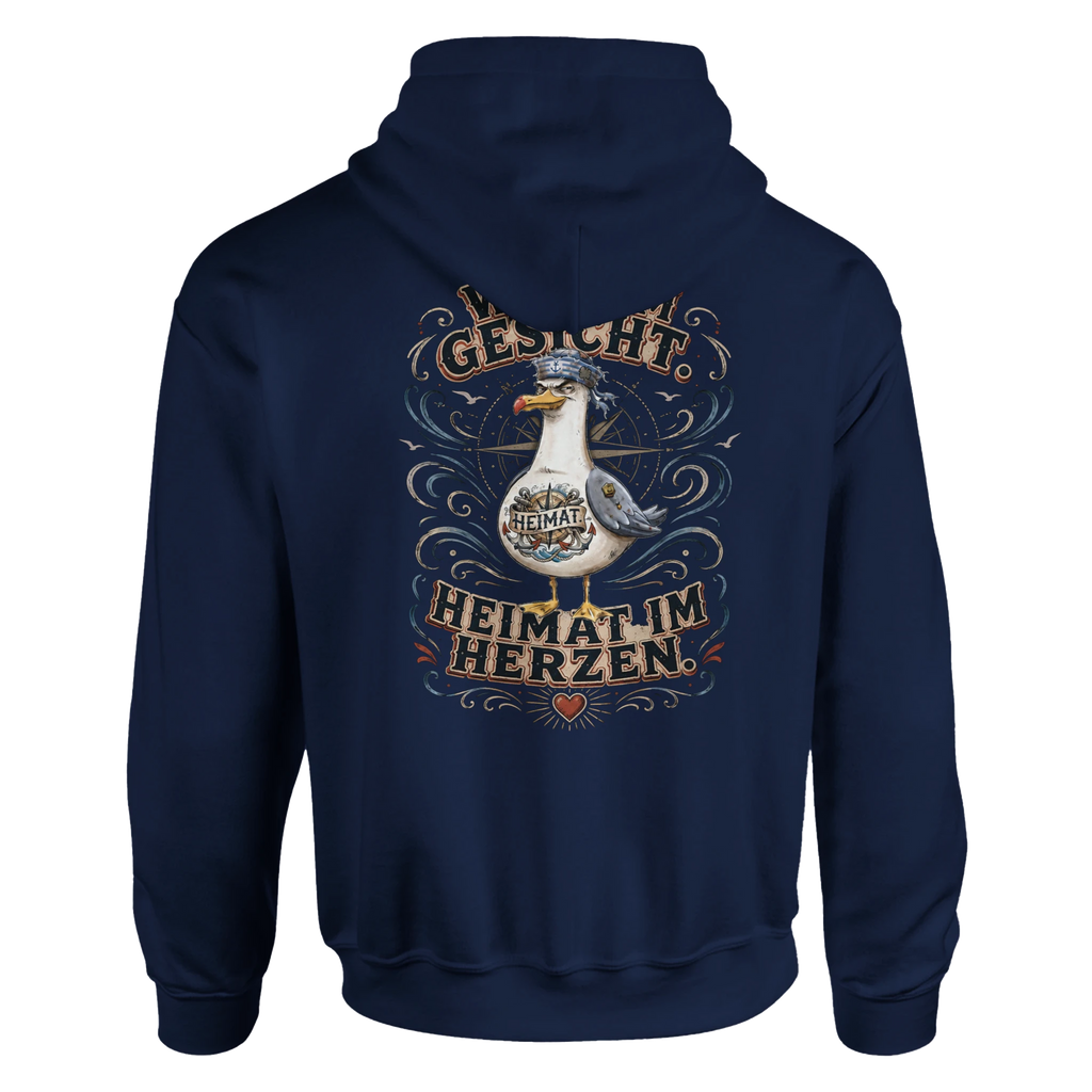 Hoodie in Hellrosa mit Motiv „Wind im Gesicht. Heimat im Herzen. Möwe“