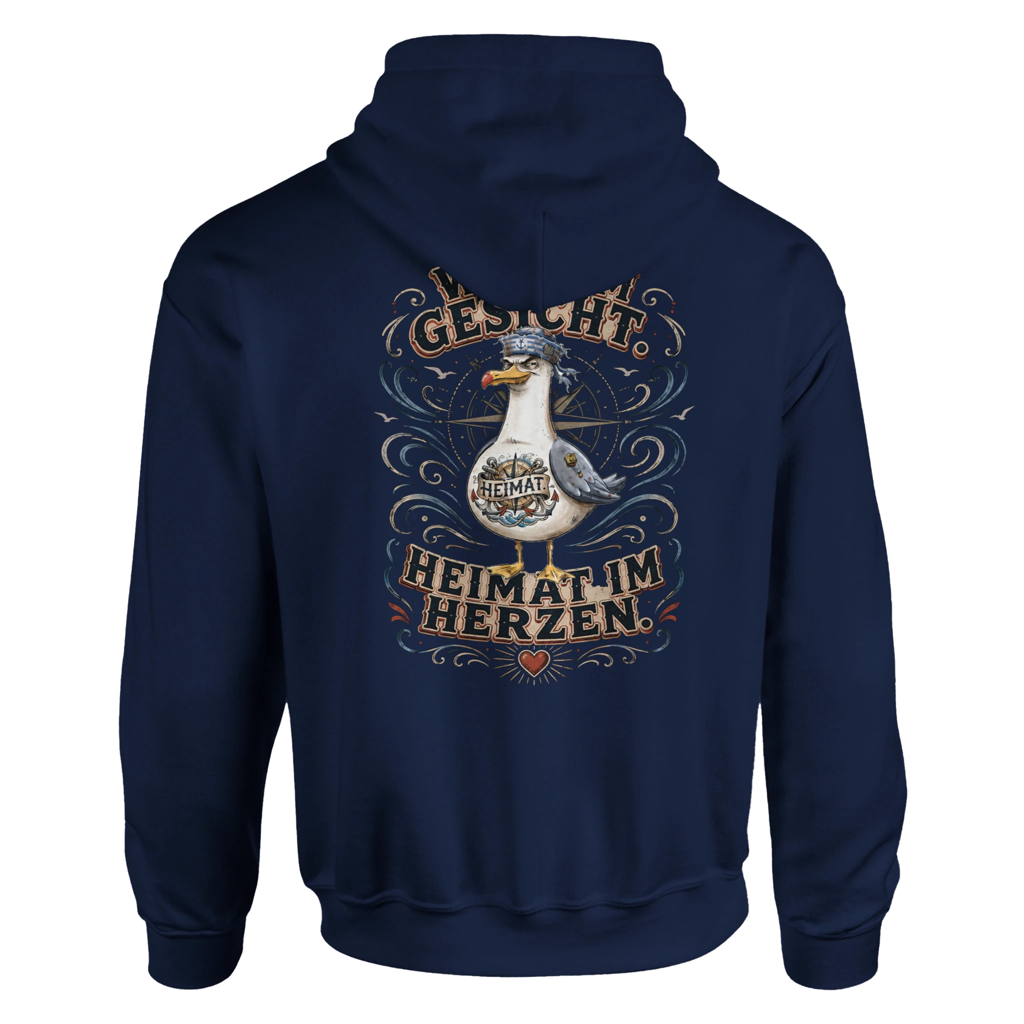 Hoodie in Hellrosa mit Motiv „Wind im Gesicht. Heimat im Herzen. Möwe“