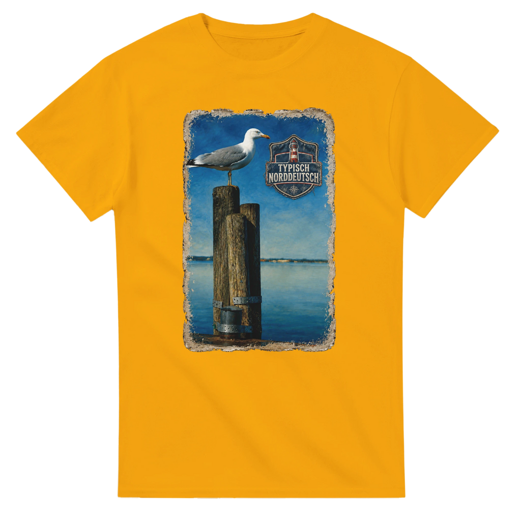 T-Shirt in Natur mit Motiv „Möwe auf Poller“
