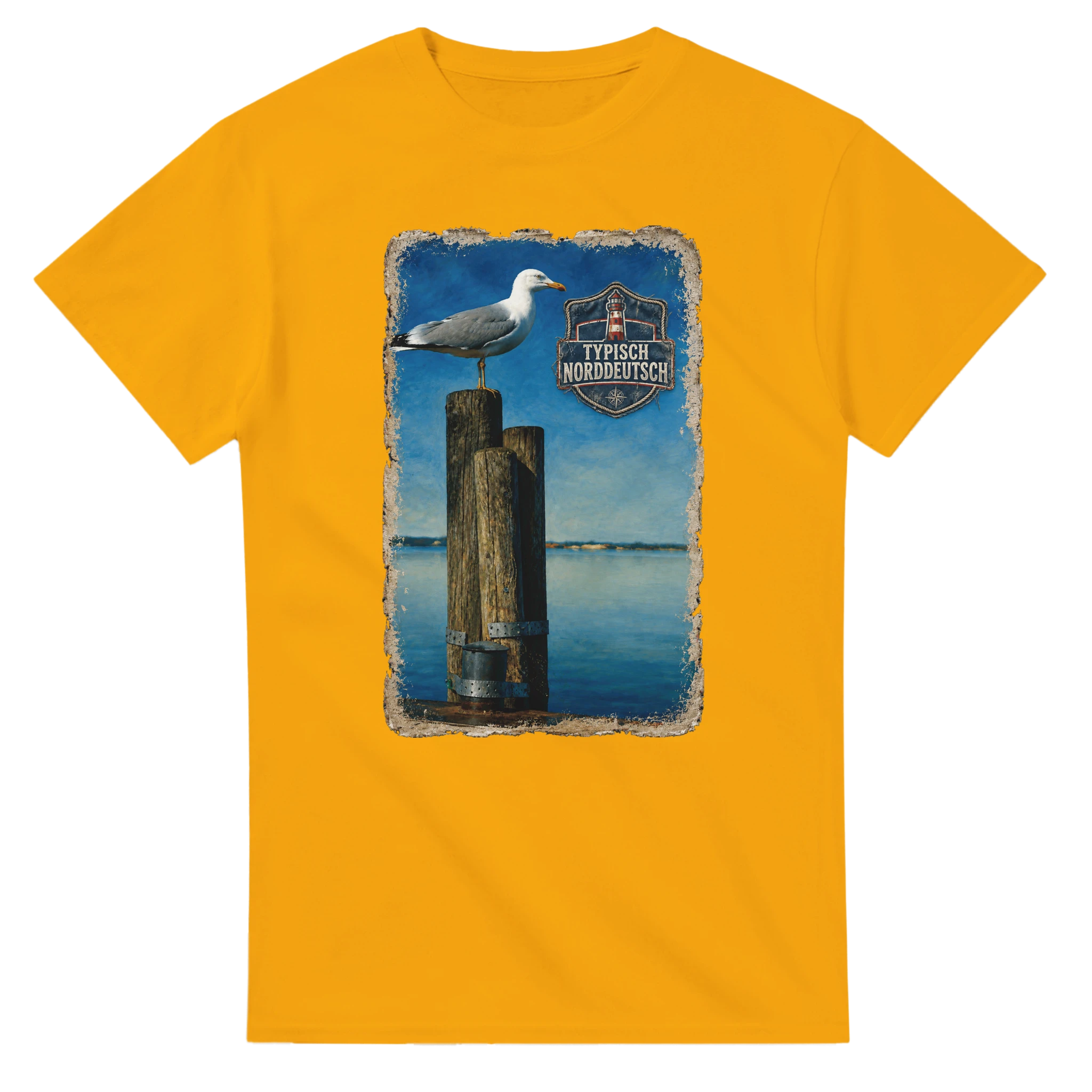 T-Shirt in Natur mit Motiv „Möwe auf Poller“