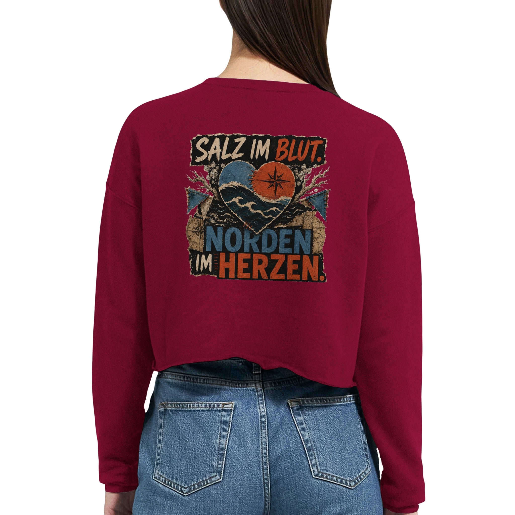 Damen-Pullover in Staubblau mit Motiv „Salz im Blut. Norden im Herzen.“