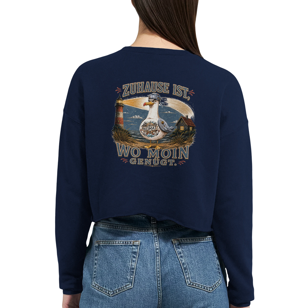 Damen-Pullover in Staubblau mit Motiv „Zuhause ist, wo Moin genügt. Möwe“