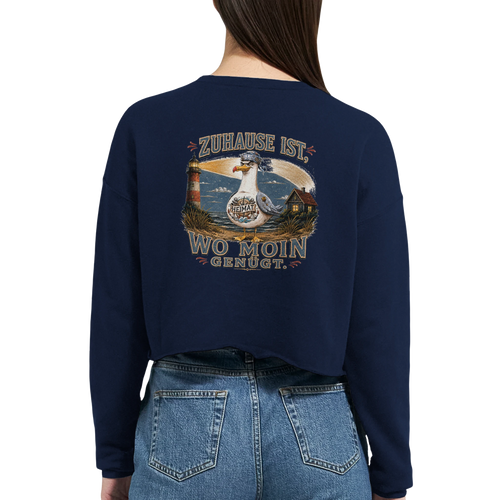 Damen-Pullover in Staubblau mit Motiv „Zuhause ist, wo Moin genügt. Möwe“