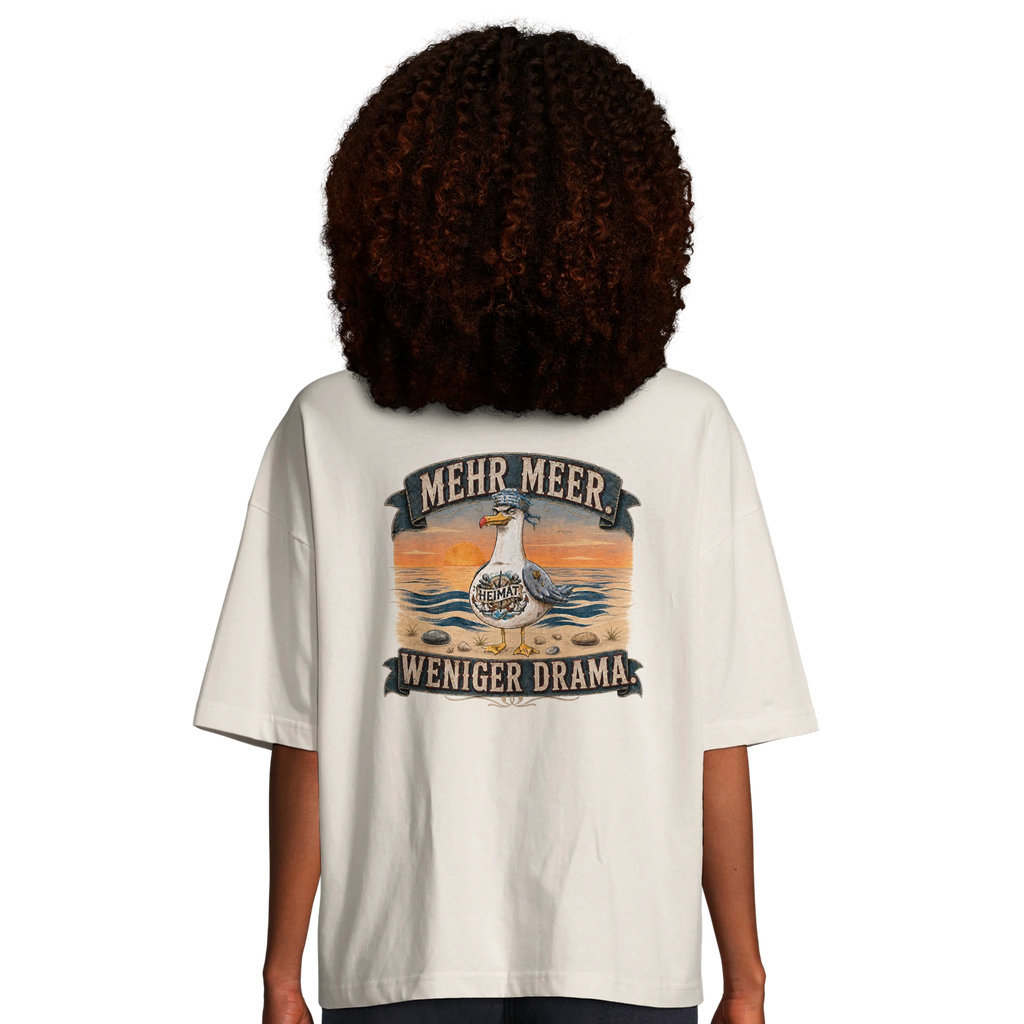 Damen-T-Shirt in Hellgelb mit Motiv „Mehr Meer. Weniger Drama.“