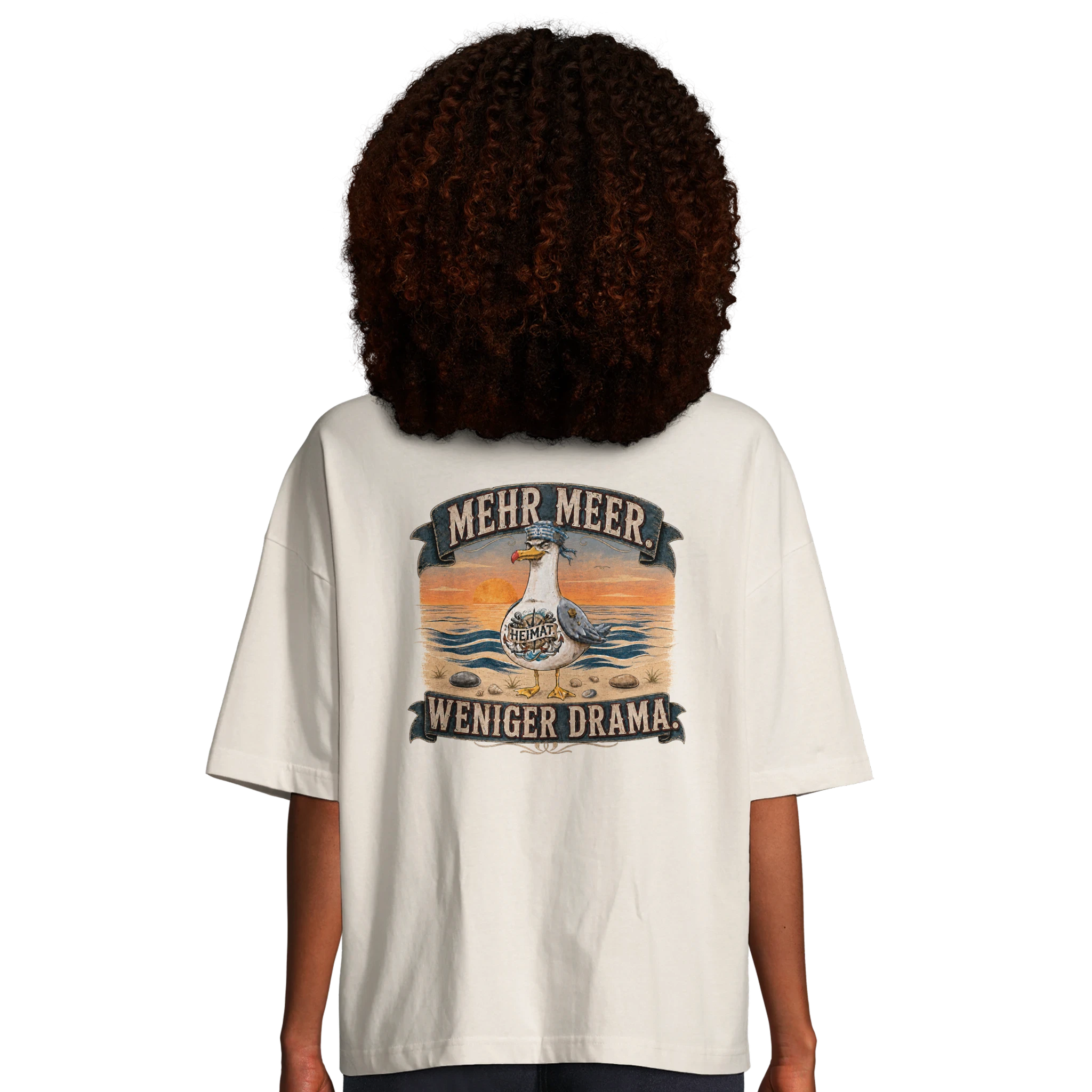 Damen-T-Shirt in Hellgelb mit Motiv „Mehr Meer. Weniger Drama.“