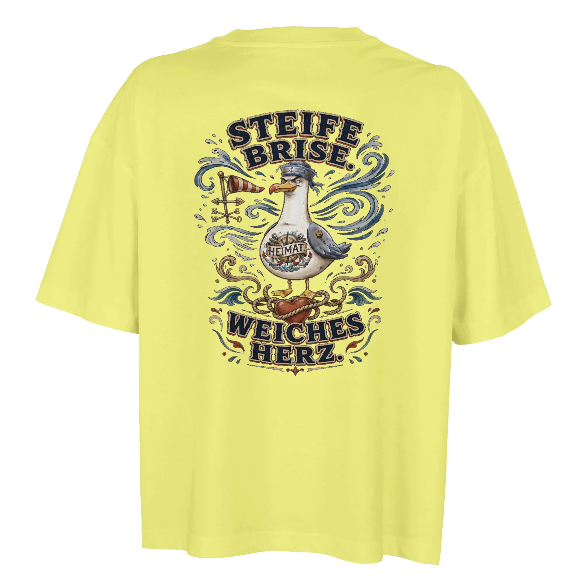 Damen-T-Shirt in Weiß mit Motiv „Steife Brise. Weiches Herz. Möwe“