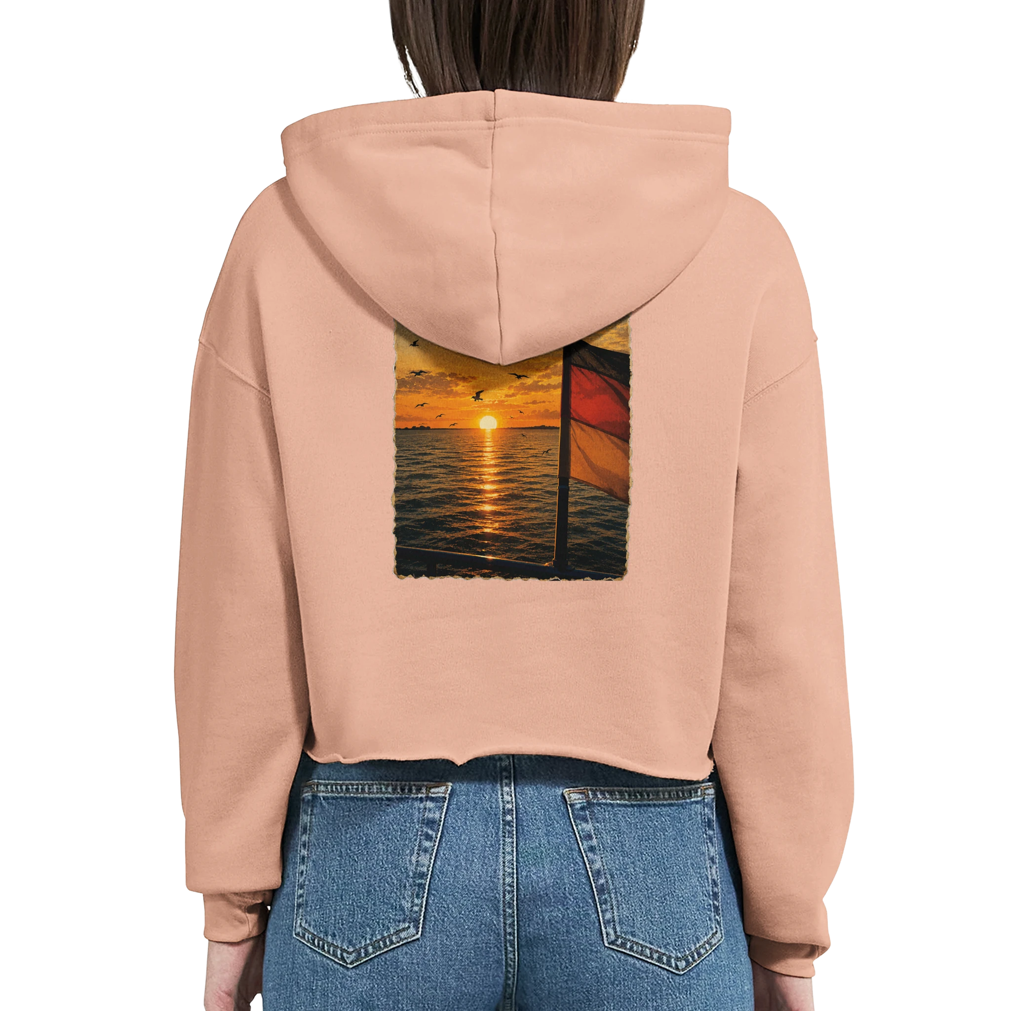 Damen-Hoodie in Weiß mit Motiv „Flagge und Sunset“