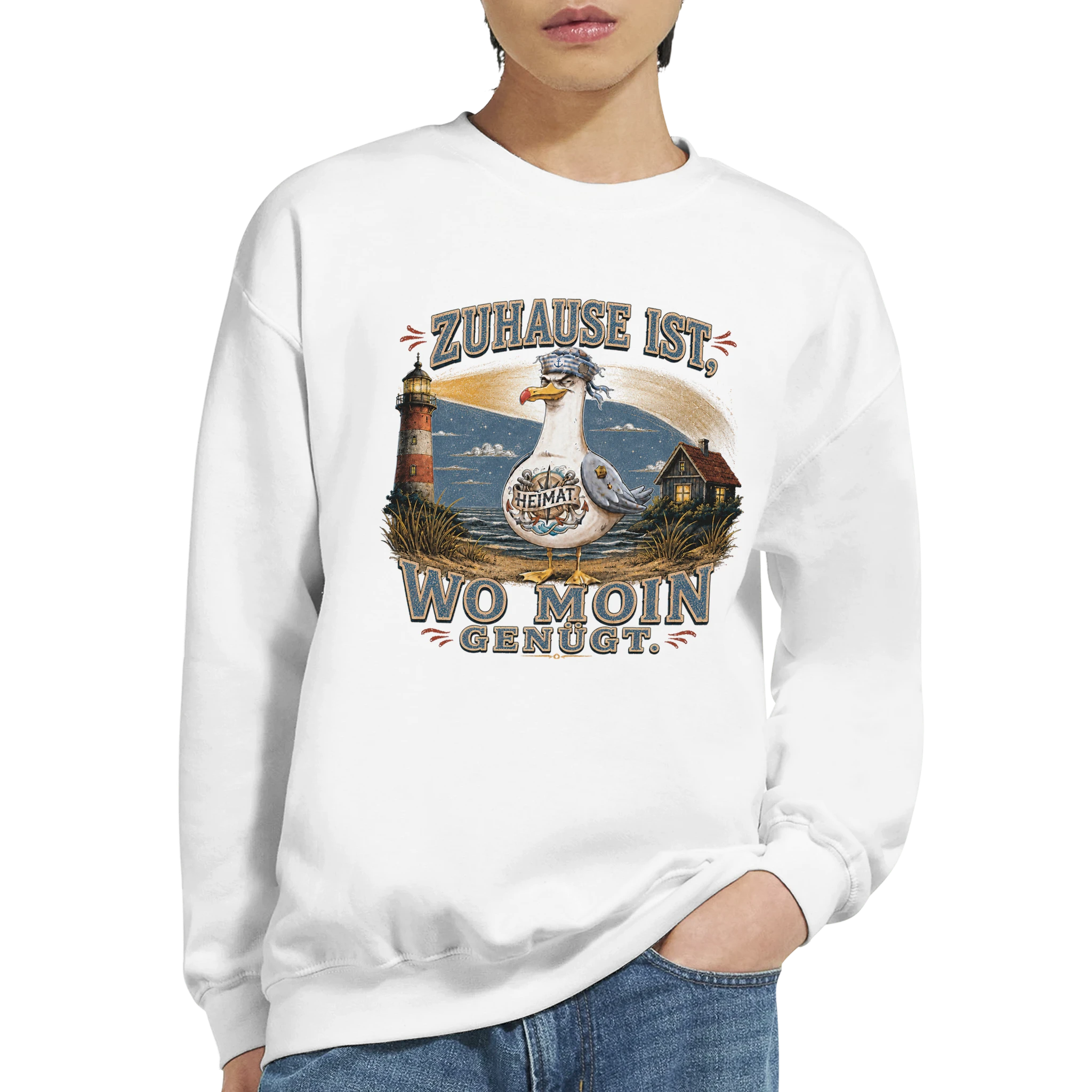Pullover in Hellrosa mit Motiv „Zuhause ist, wo Moin genügt. Möwe“