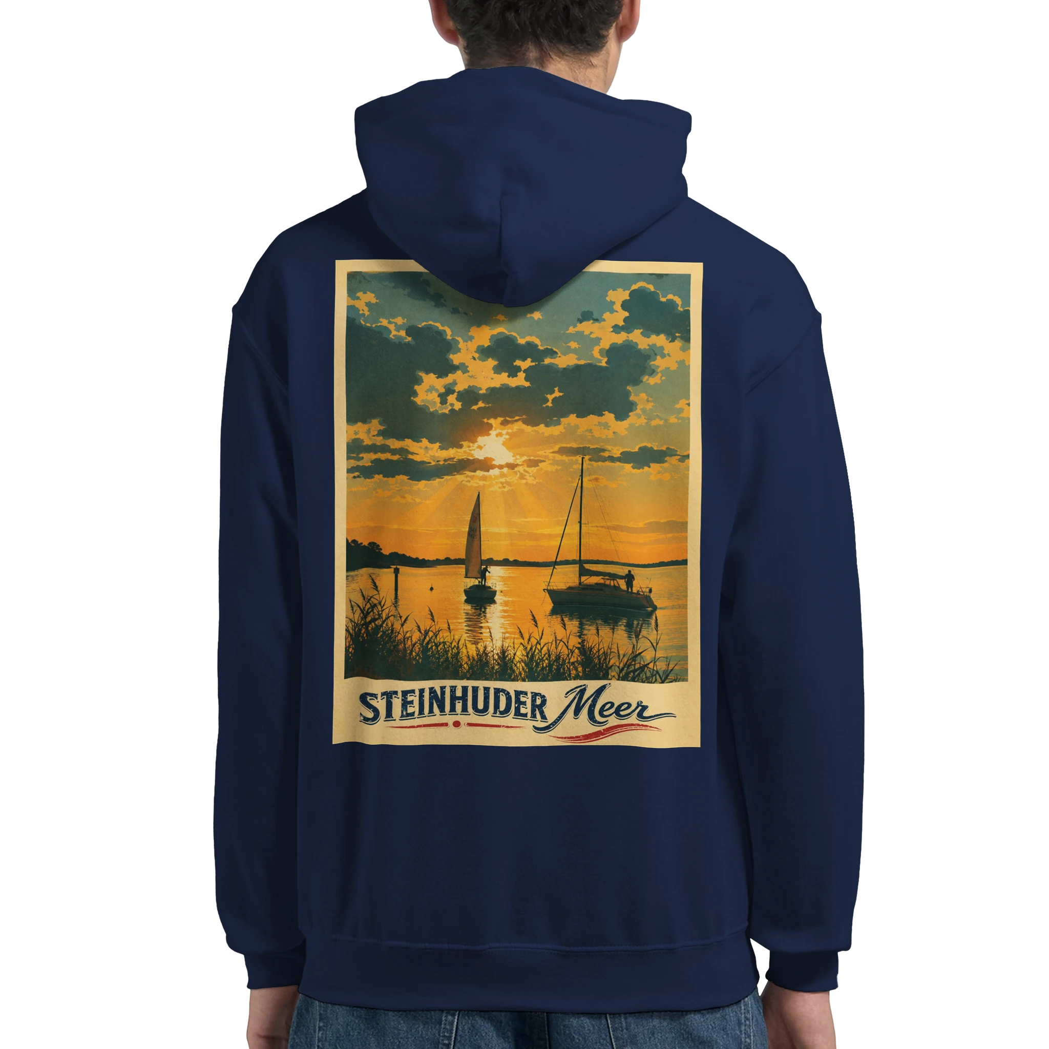 Hoodie in Weiß mit Motiv „Segler am Steinhuder Meer beim Sunset“