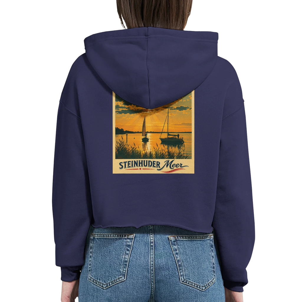 Damen-Hoodie in Weiß mit Motiv „Segler am Steinhuder Meer beim Sunset“