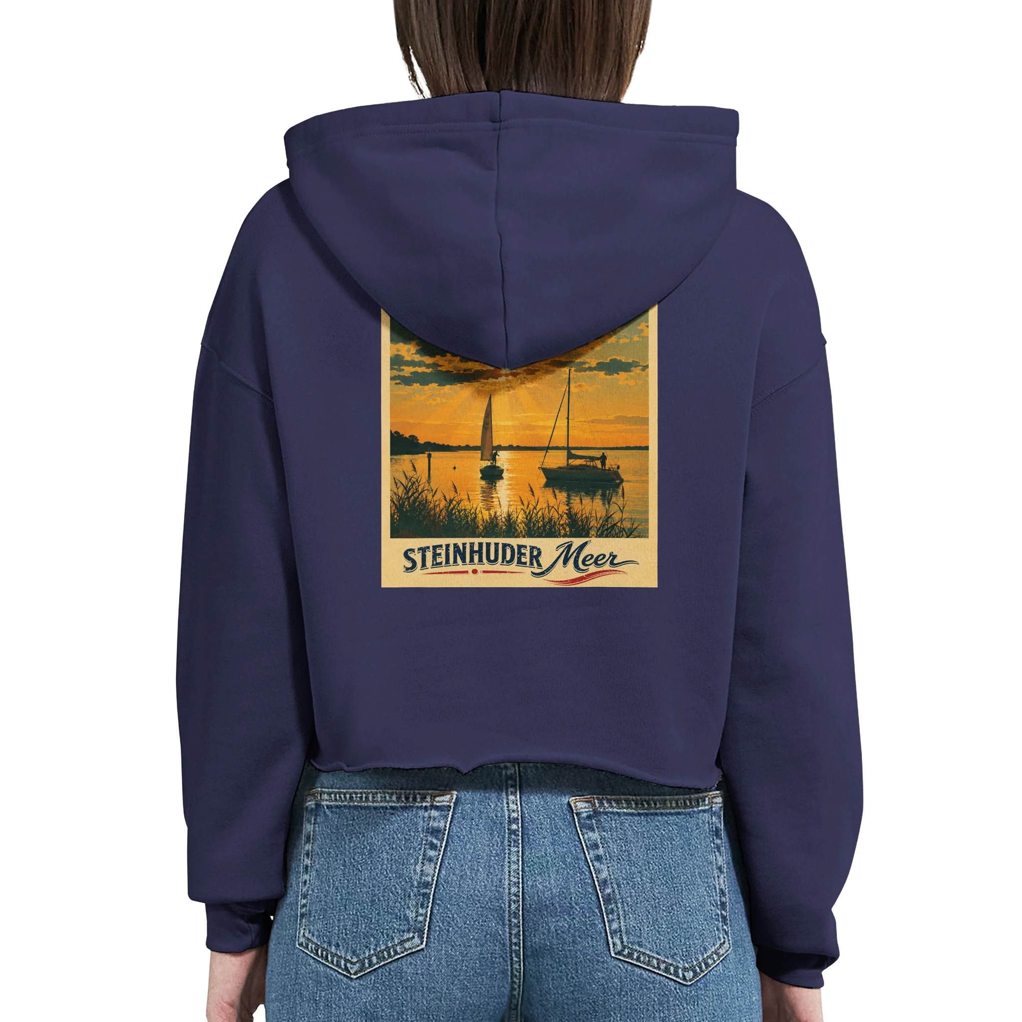 Damen-Hoodie in Weiß mit Motiv „Segler am Steinhuder Meer beim Sunset“