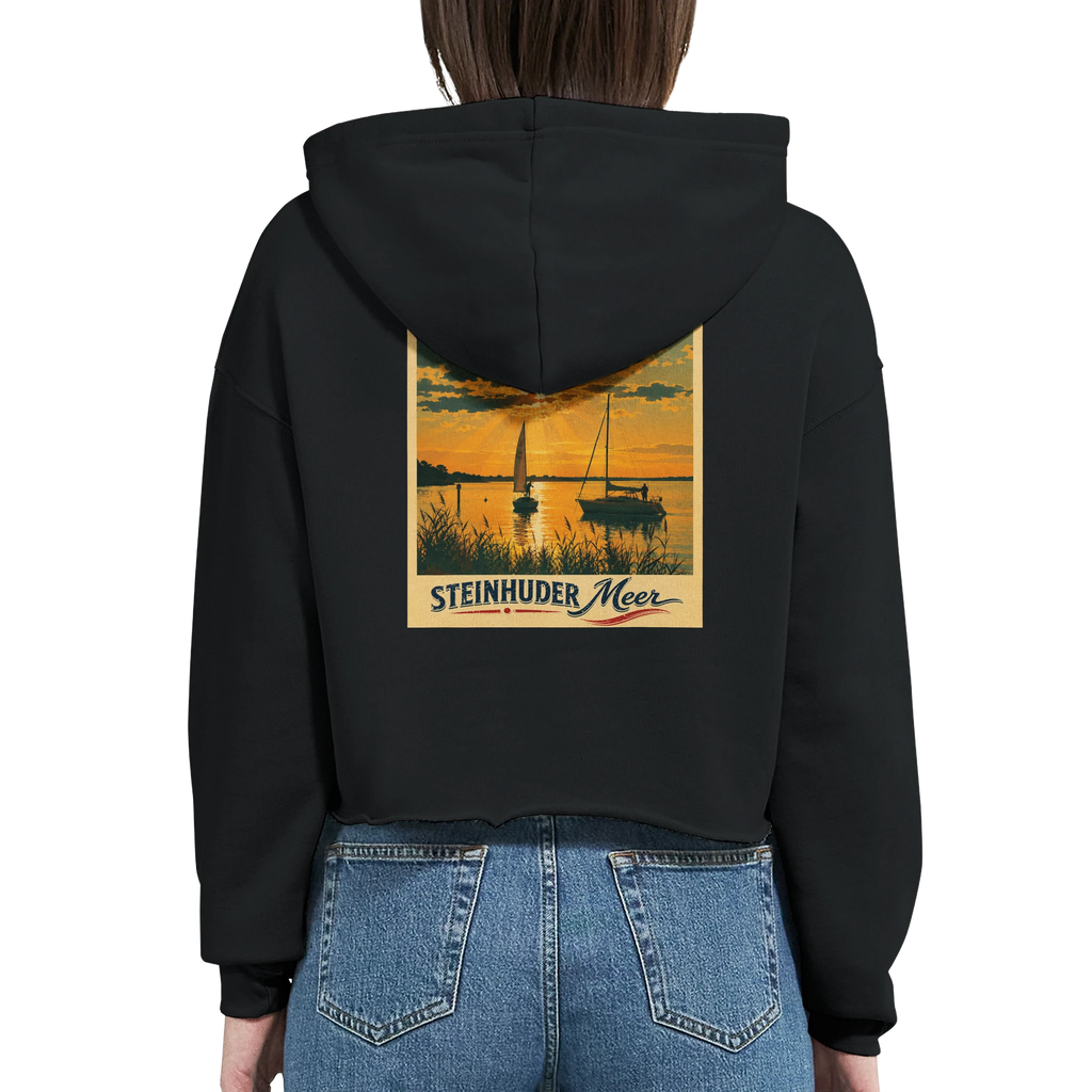 Damen-Hoodie in Weiß mit Motiv „Segler am Steinhuder Meer beim Sunset“