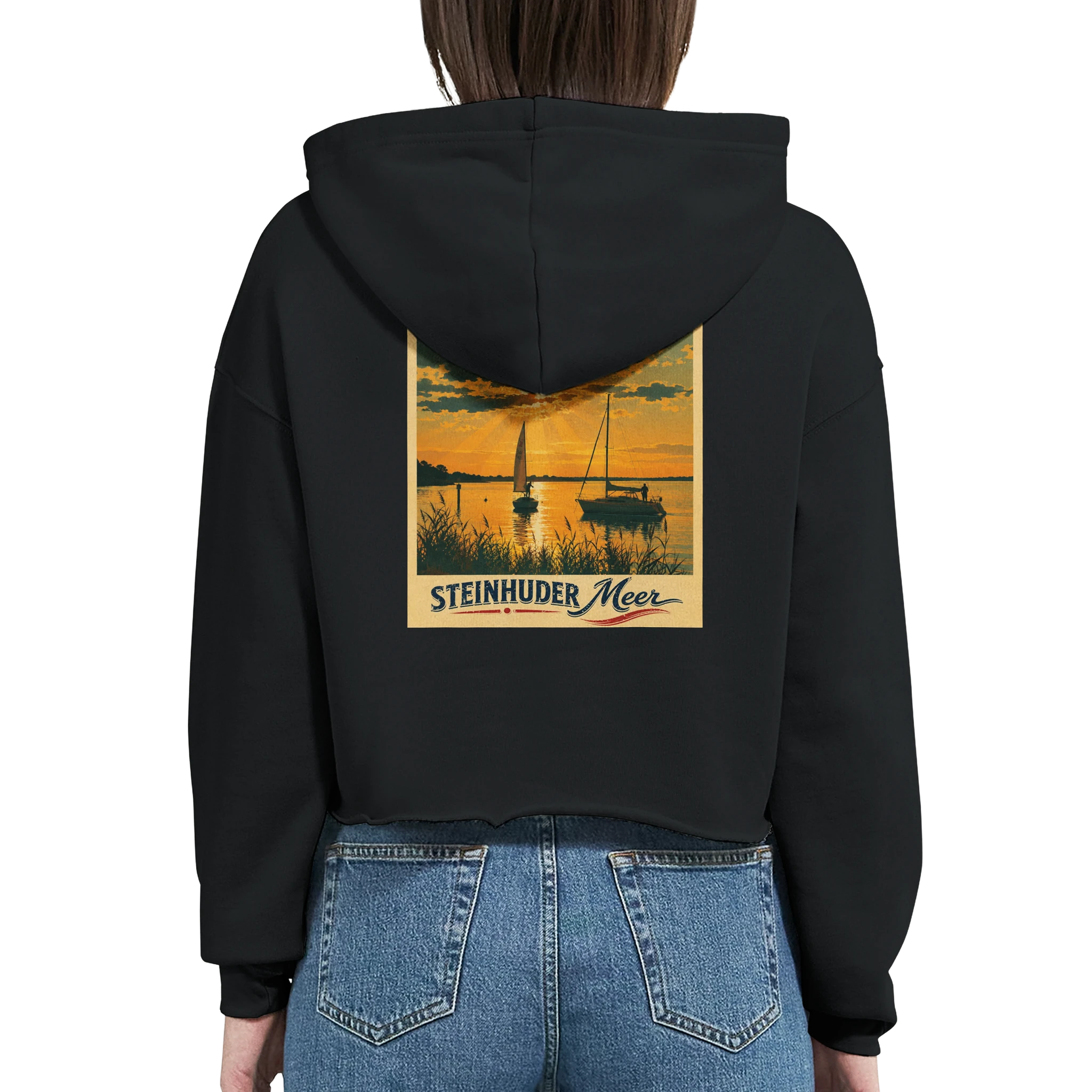 Damen-Hoodie in Weiß mit Motiv „Segler am Steinhuder Meer beim Sunset“