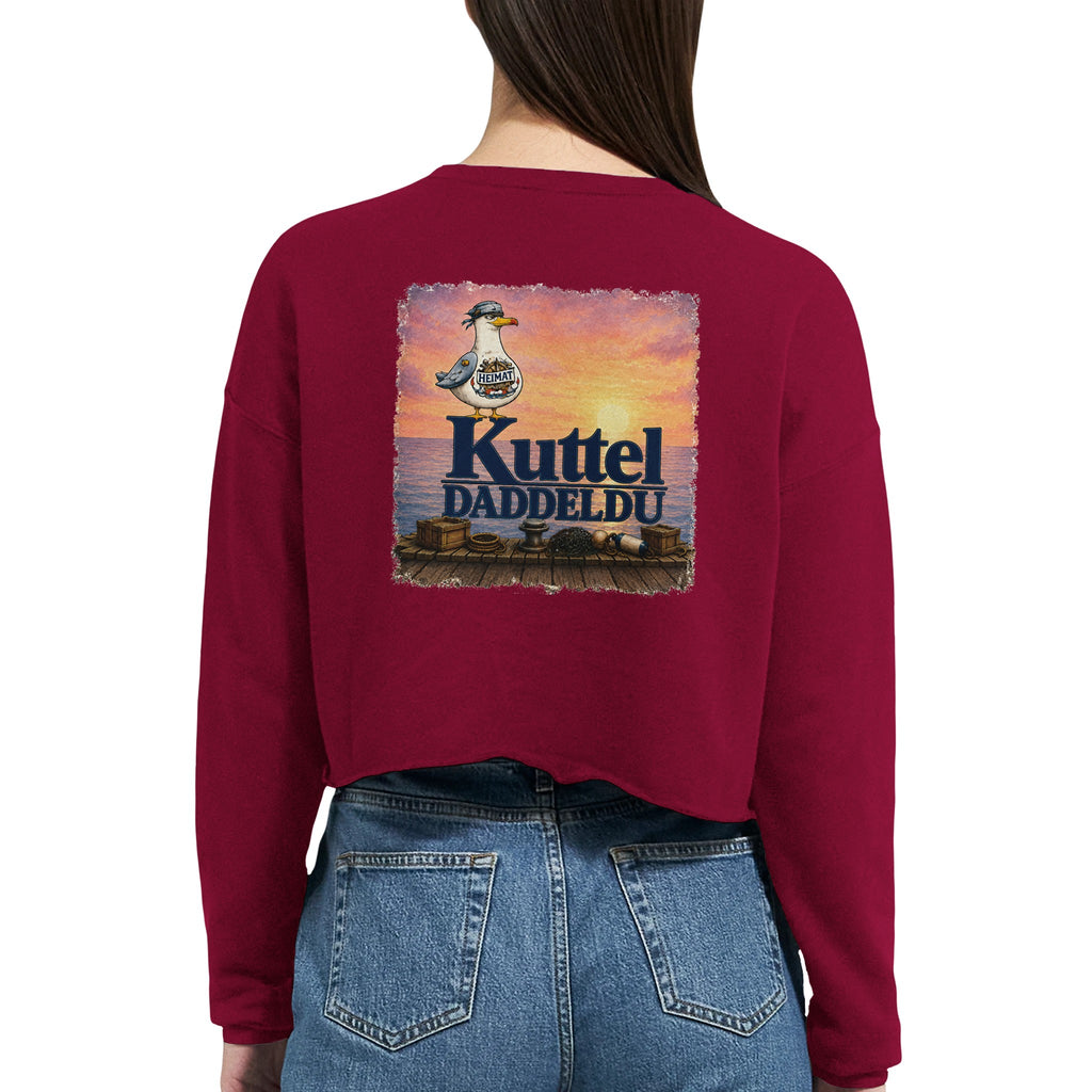 Damen-Pullover in Staubblau mit Motiv „Kuttel Daddeldu“
