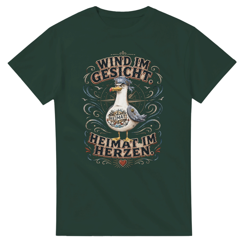 T-Shirt in Weiß mit Motiv „Wind im Gesicht. Heimat im Herzen. Möwe“