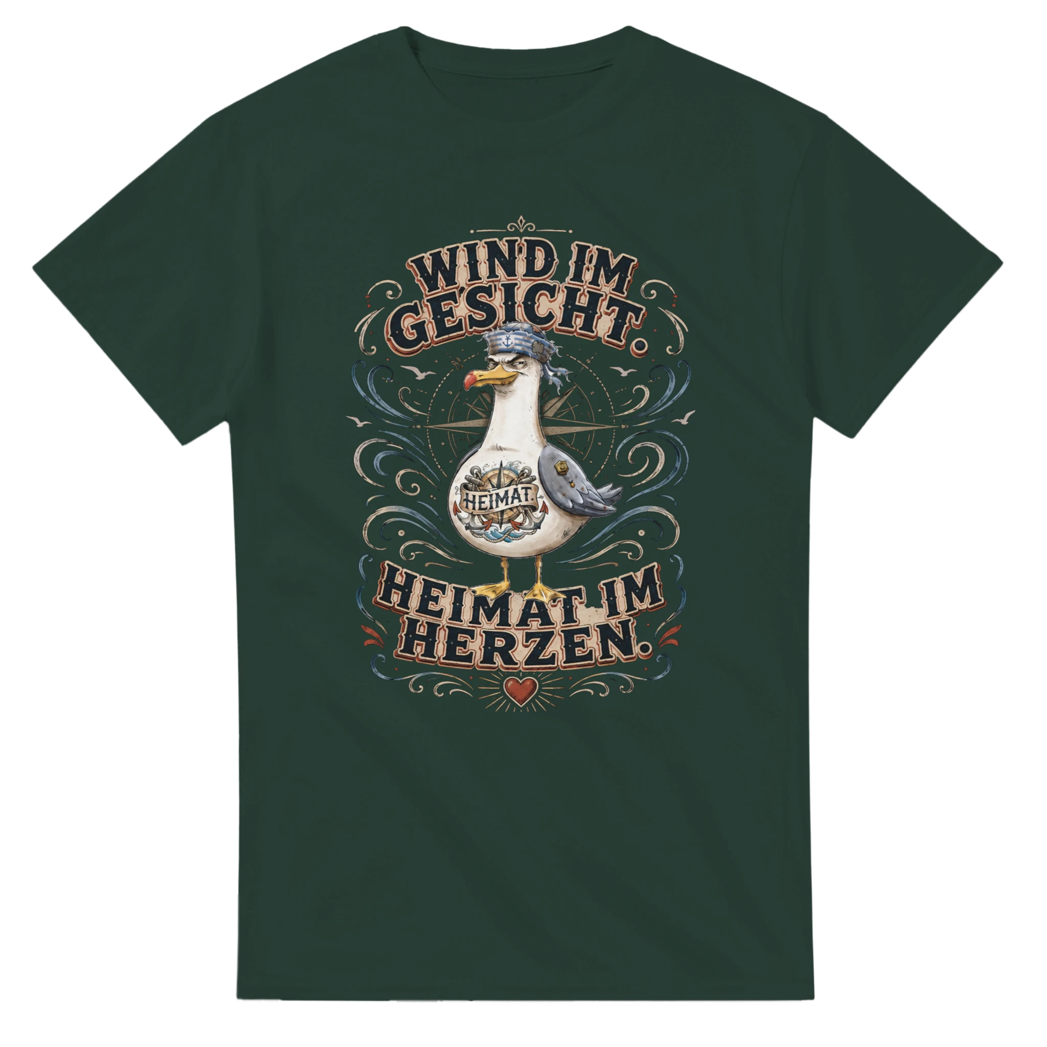 T-Shirt in Weiß mit Motiv „Wind im Gesicht. Heimat im Herzen. Möwe“