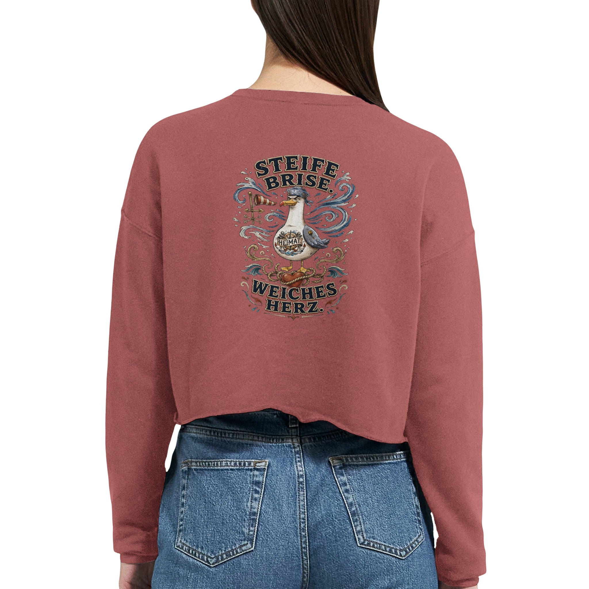 Damen-Pullover in Staubblau mit Motiv „Steife Brise. Weiches Herz.“
