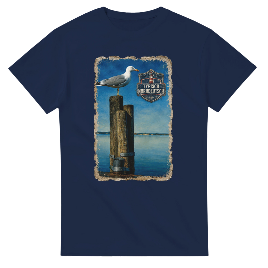 T-Shirt in Natur mit Motiv „Möwe auf Poller“