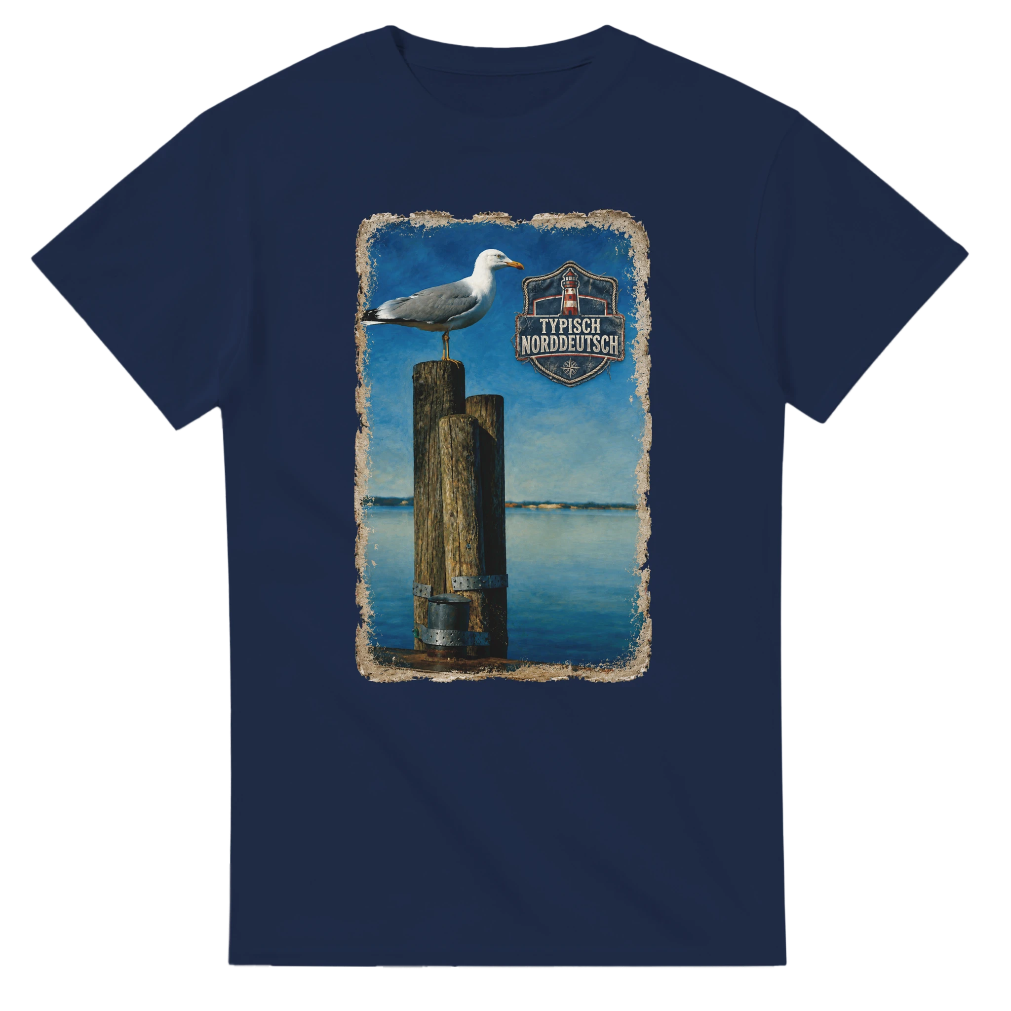T-Shirt in Natur mit Motiv „Möwe auf Poller“