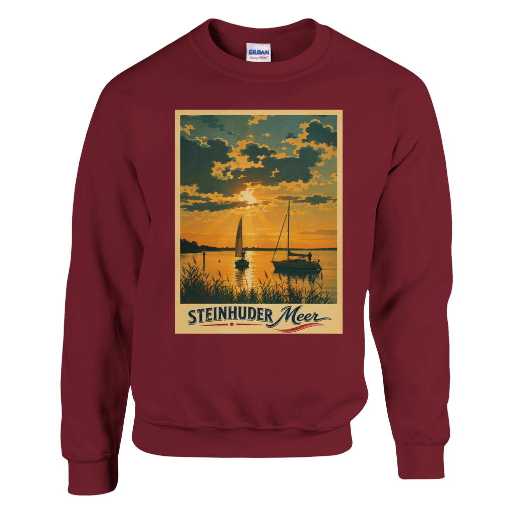 Pullover in Aschgrau mit Motiv „Segler am Steinhuder Meer beim Sunset“