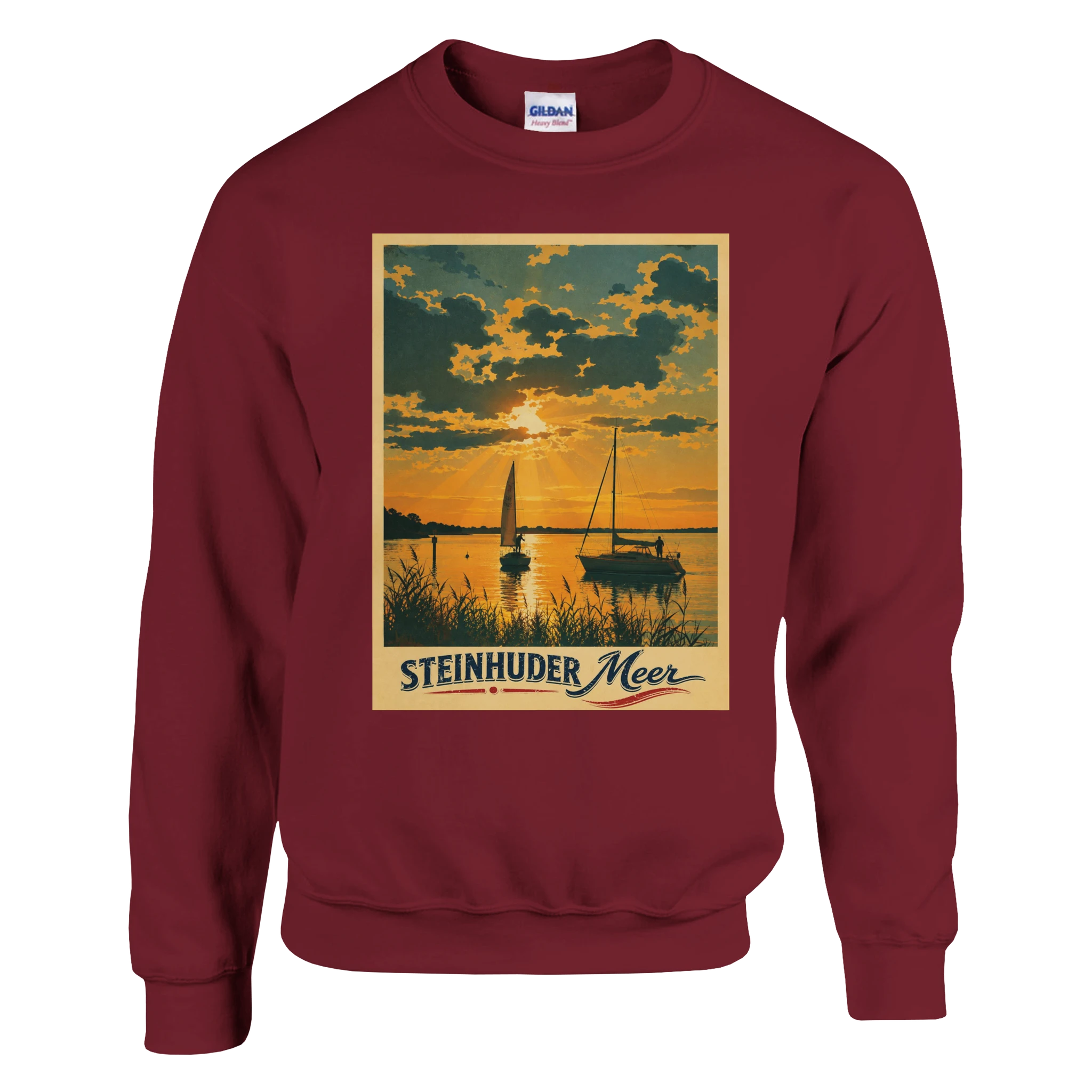 Pullover in Aschgrau mit Motiv „Segler am Steinhuder Meer beim Sunset“