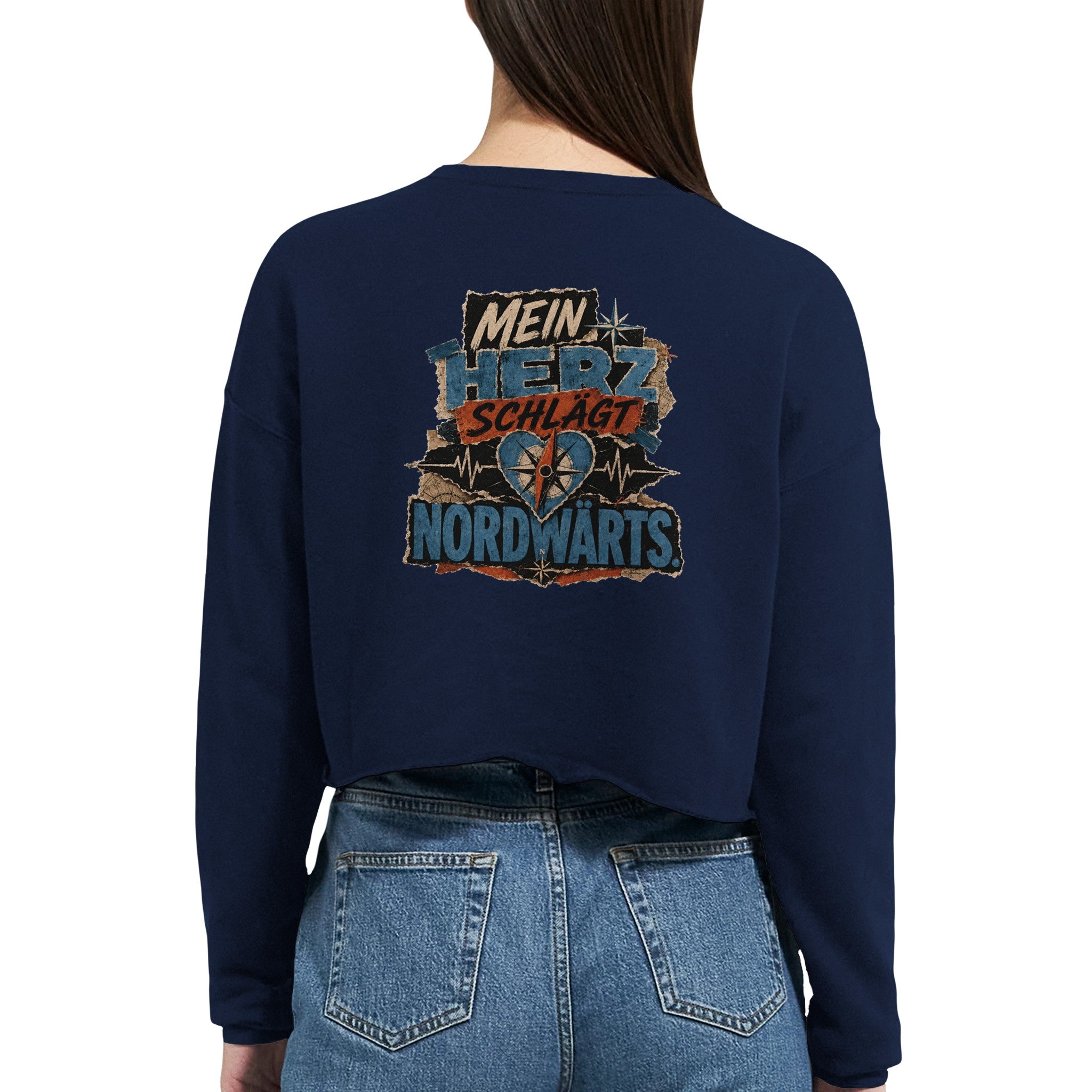 Damen-Pullover in Staubblau mit Motiv „Mein Herz schlägt NORDWÄRTS.“