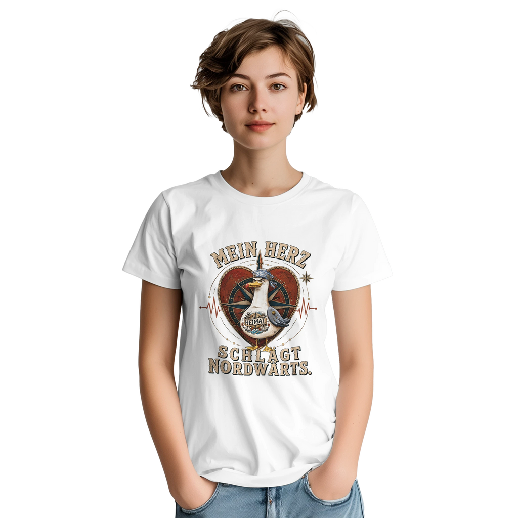 T-Shirt in Sand mit Motiv „Mein Herz schlägt NORDWÄRTS. Möwe“