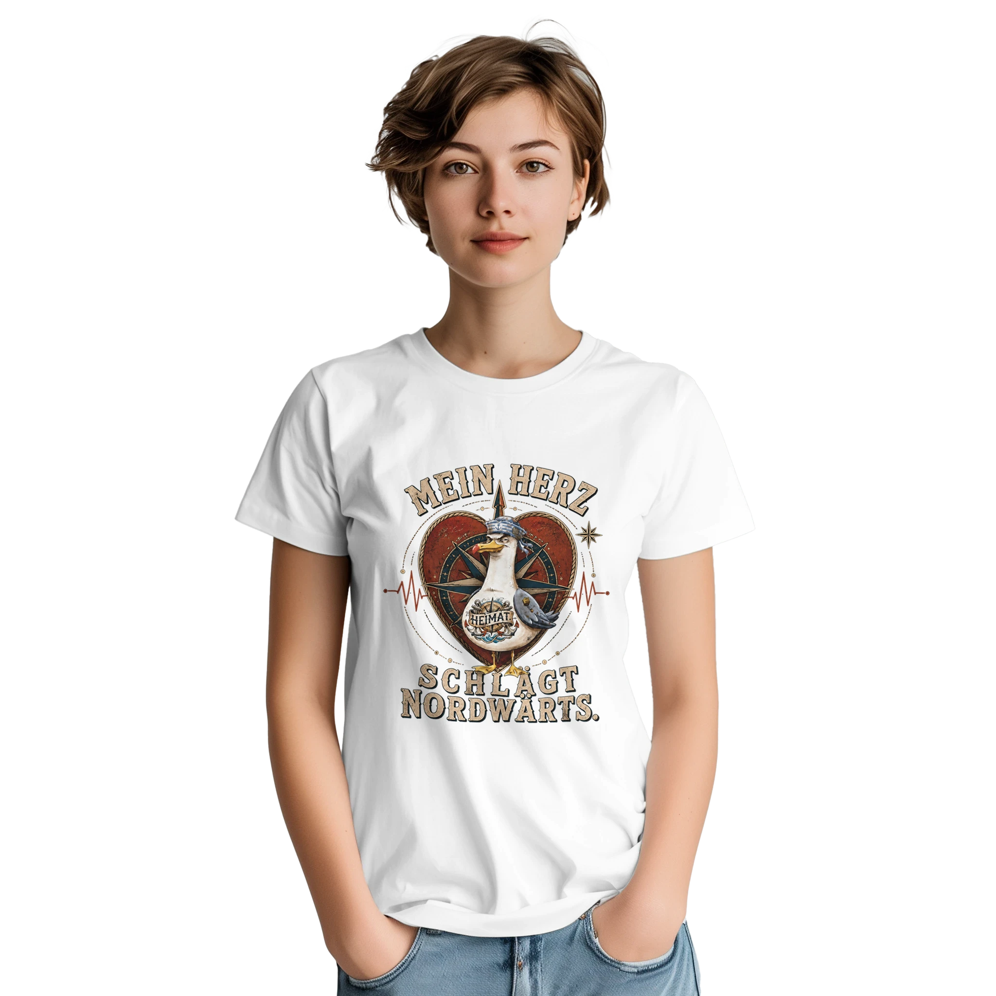 T-Shirt in Sand mit Motiv „Mein Herz schlägt NORDWÄRTS. Möwe“