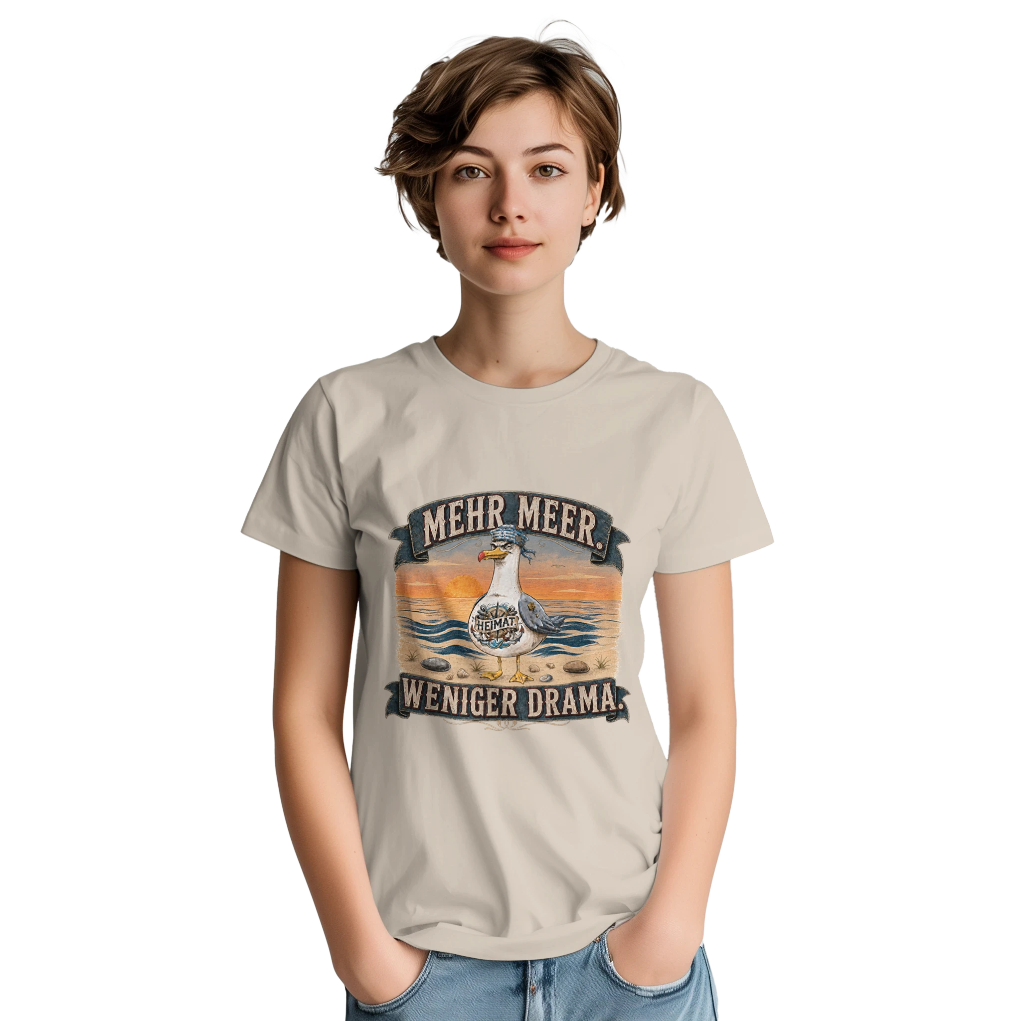 T-Shirt in Sand mit Motiv „Mehr Meer. Weniger Drama.“