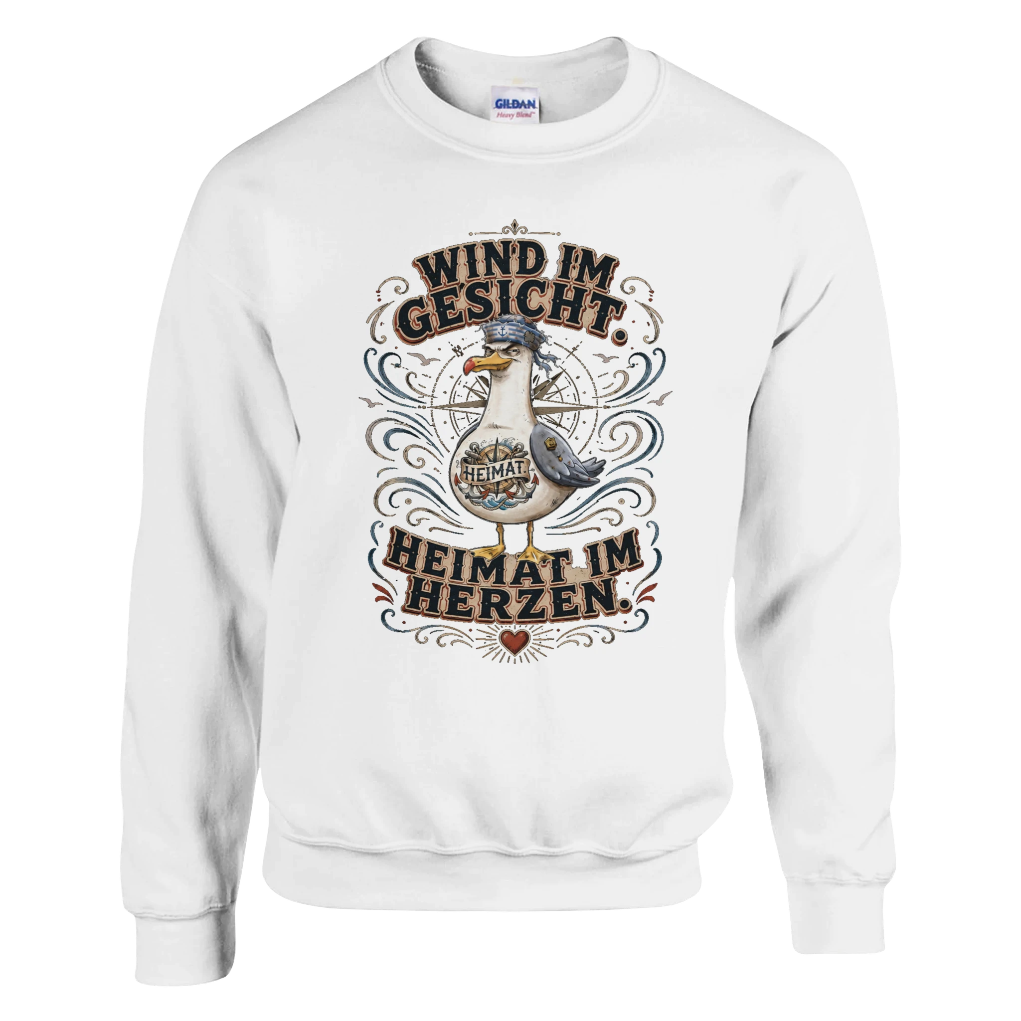 Pullover in Weiß mit Motiv „Wind im Gesicht. Heimat im Herzen. Möwe“