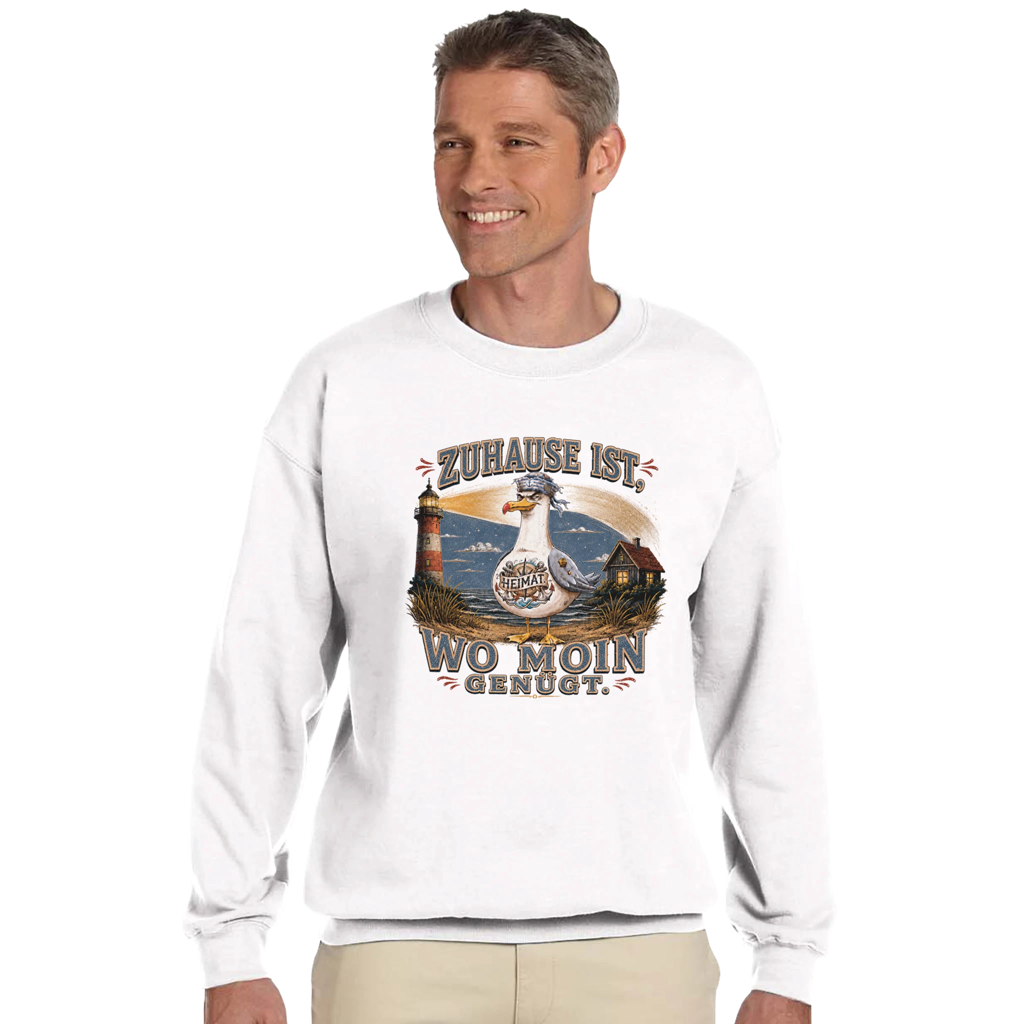 Pullover in Hellrosa mit Motiv „Zuhause ist, wo Moin genügt. Möwe“