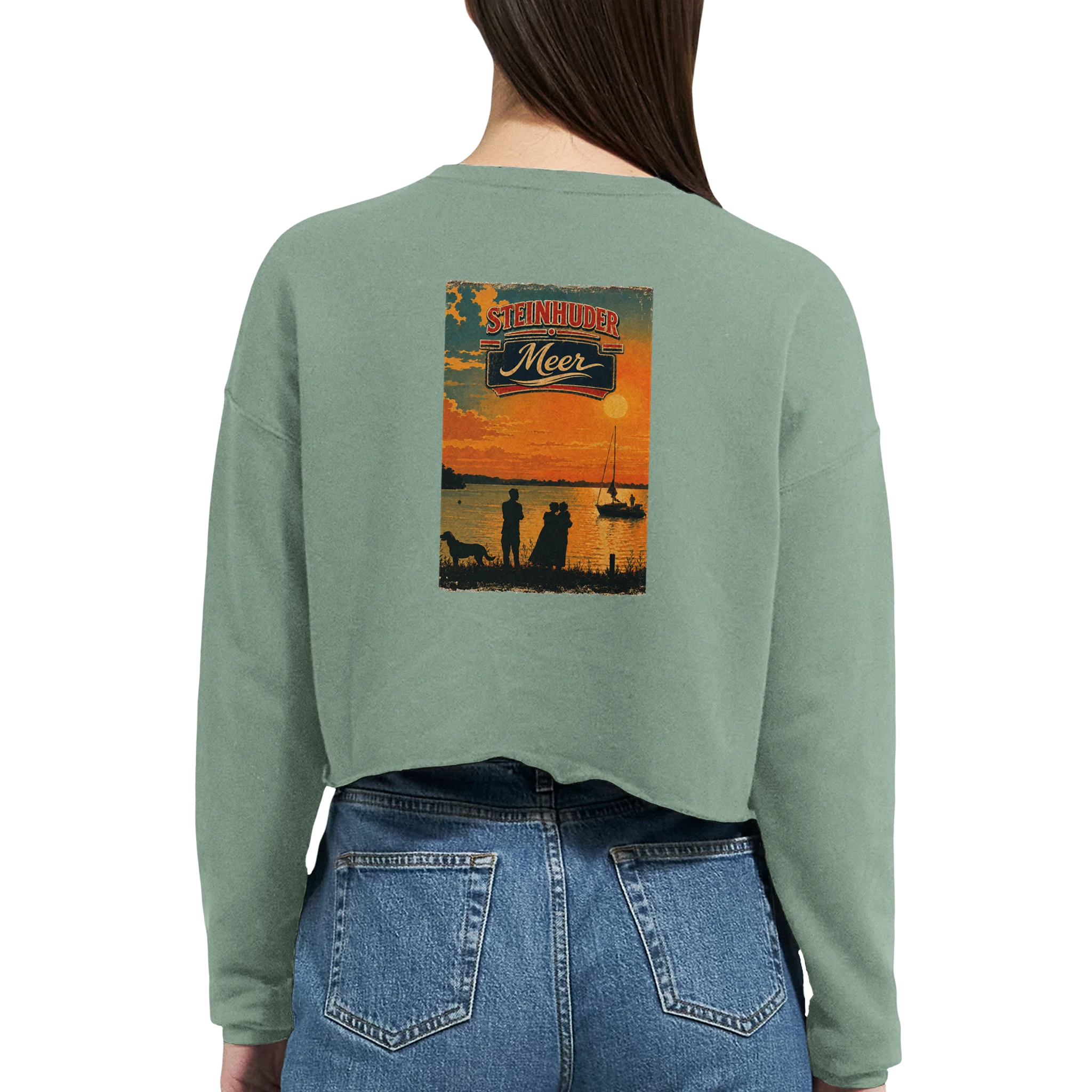Damen-Pullover in Staubblau mit Motiv „Familie beim Sunset“