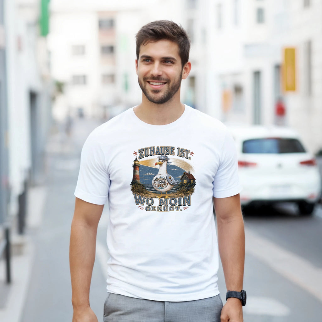 T-Shirt in Sand mit Motiv „Zuhause ist, wo Moin genügt. Möwe“