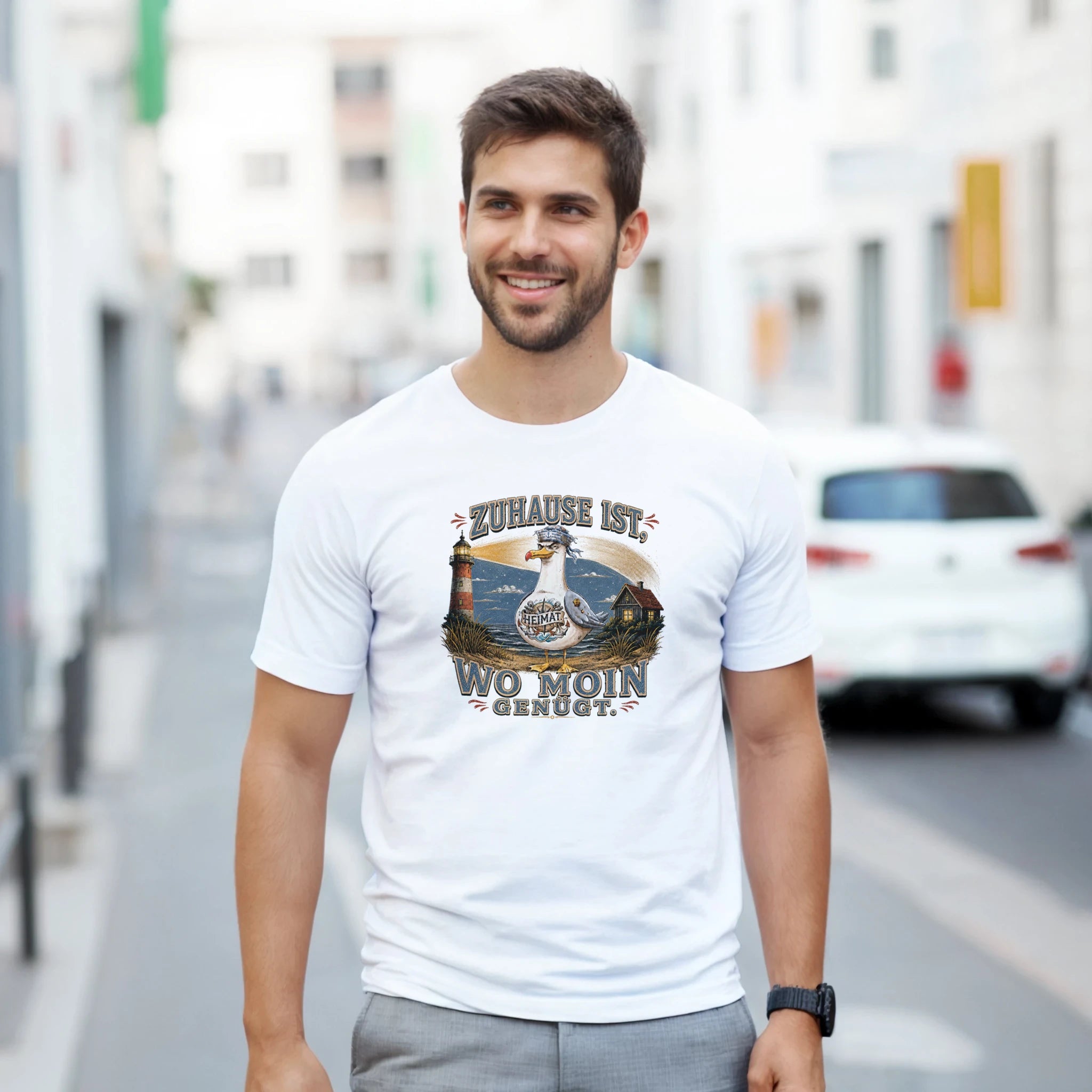 T-Shirt in Sand mit Motiv „Zuhause ist, wo Moin genügt. Möwe“