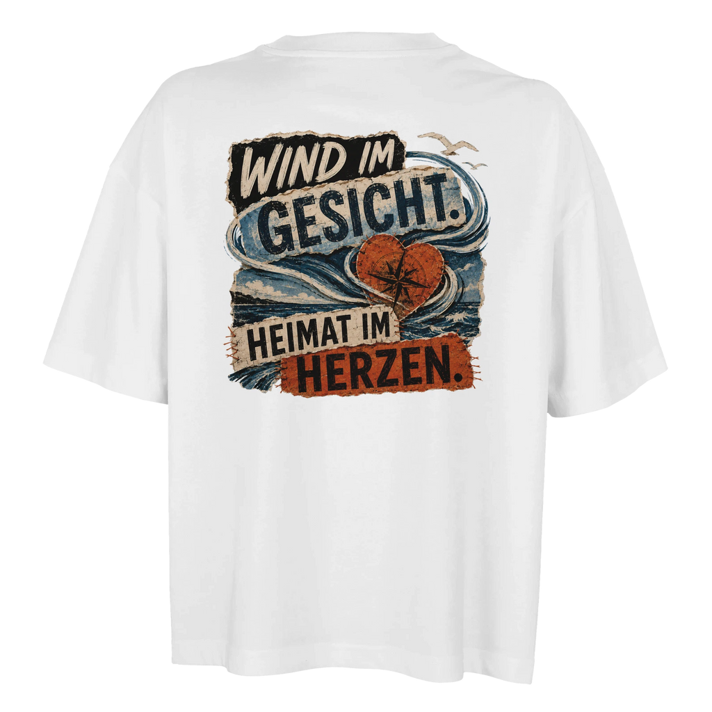 Damen-T-Shirt in Weiß mit Motiv „Wind im Gesicht. Heimat im Herzen.“