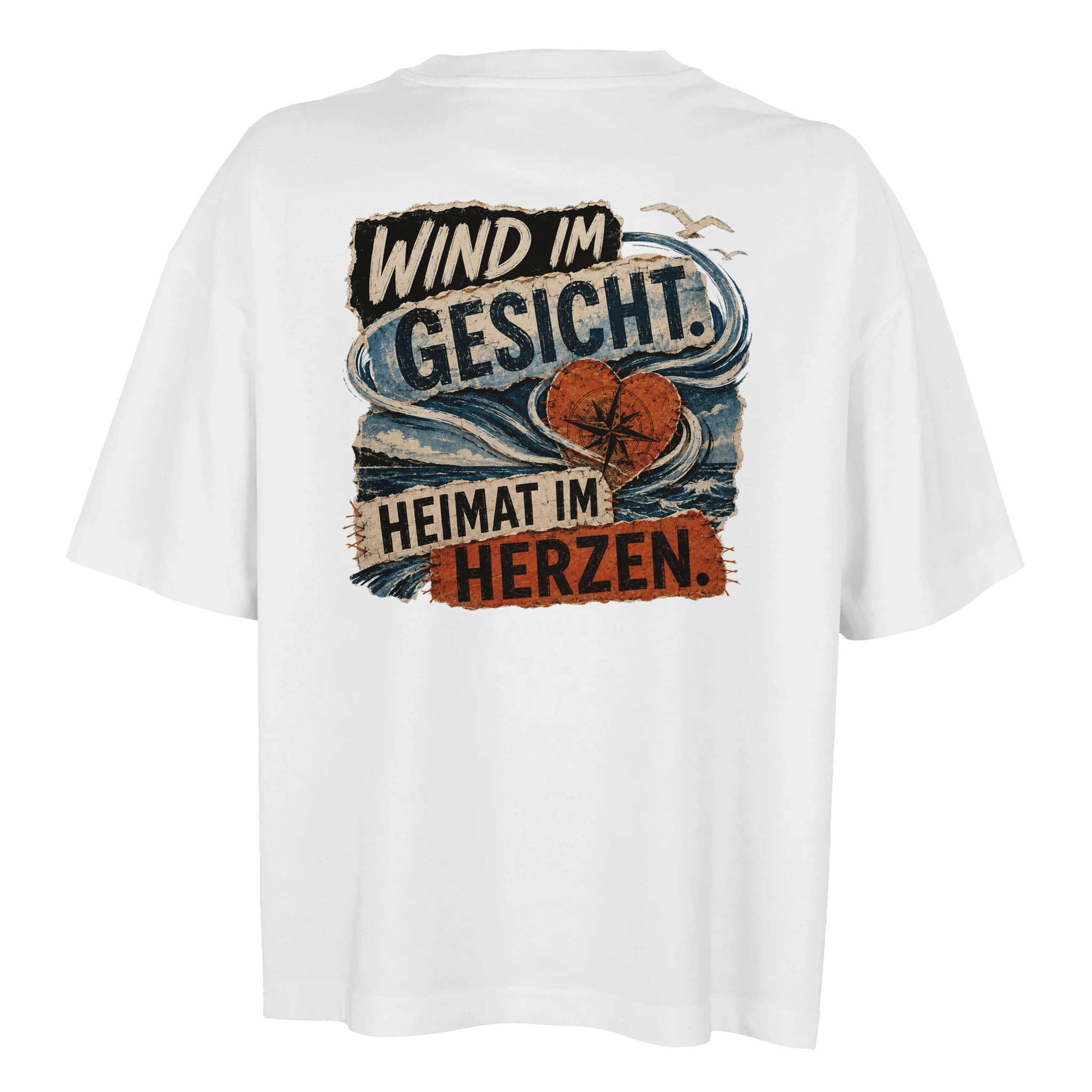 Damen-T-Shirt in Weiß mit Motiv „Wind im Gesicht. Heimat im Herzen.“