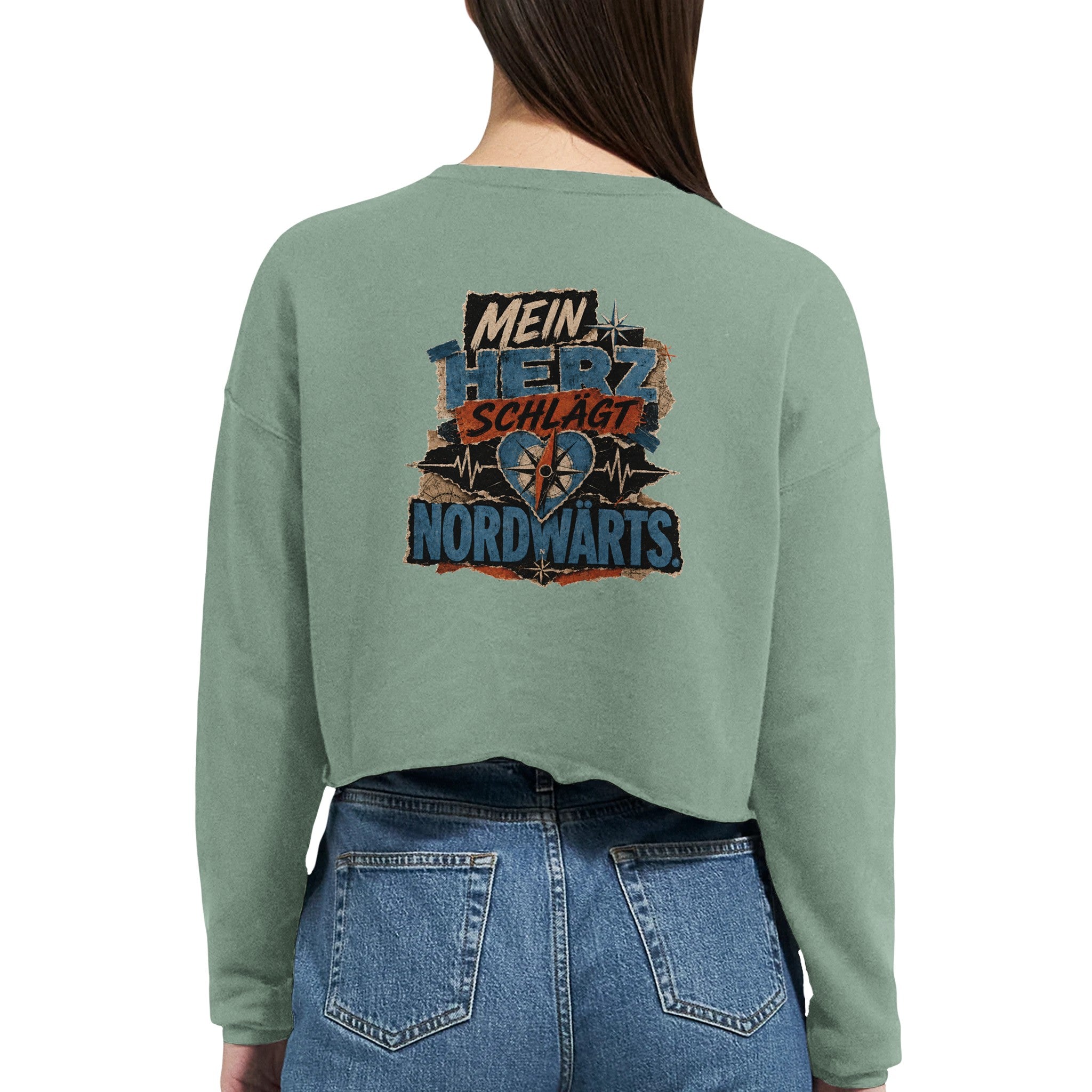 Damen-Pullover in Staubblau mit Motiv „Mein Herz schlägt NORDWÄRTS.“