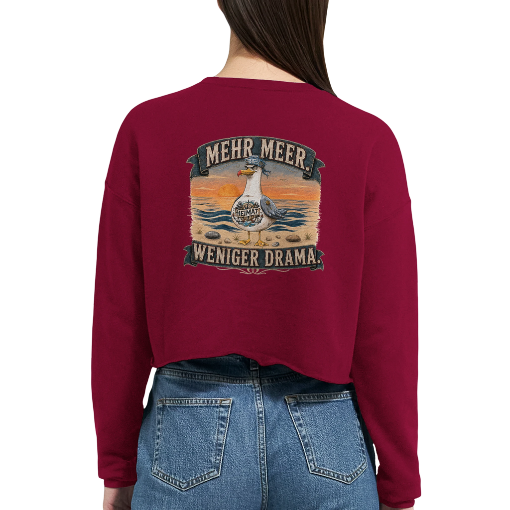 Damen-Pullover in Staubblau mit Motiv „Mehr Meer. Weniger Drama.“